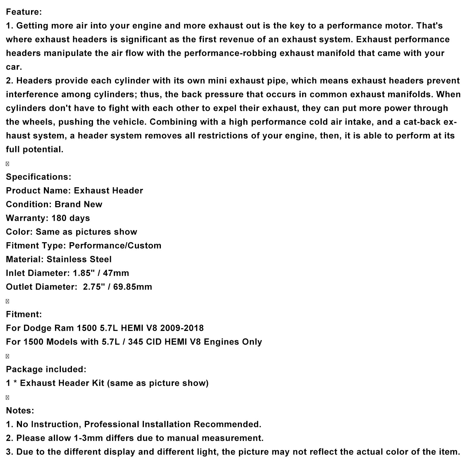 Stainless Steel Exhaust Manifold Header Fit Dodge Ram 1500 5.7L 2009-2018