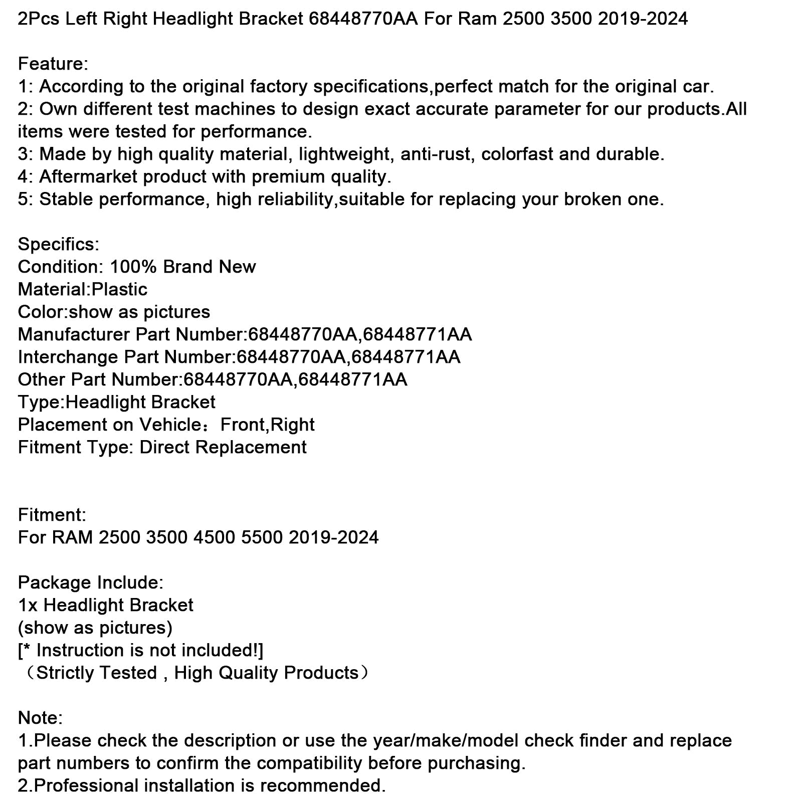 2019-2024 Ram 2500 3500 2Pcs Left Right Headlight Bracket 68448770AA