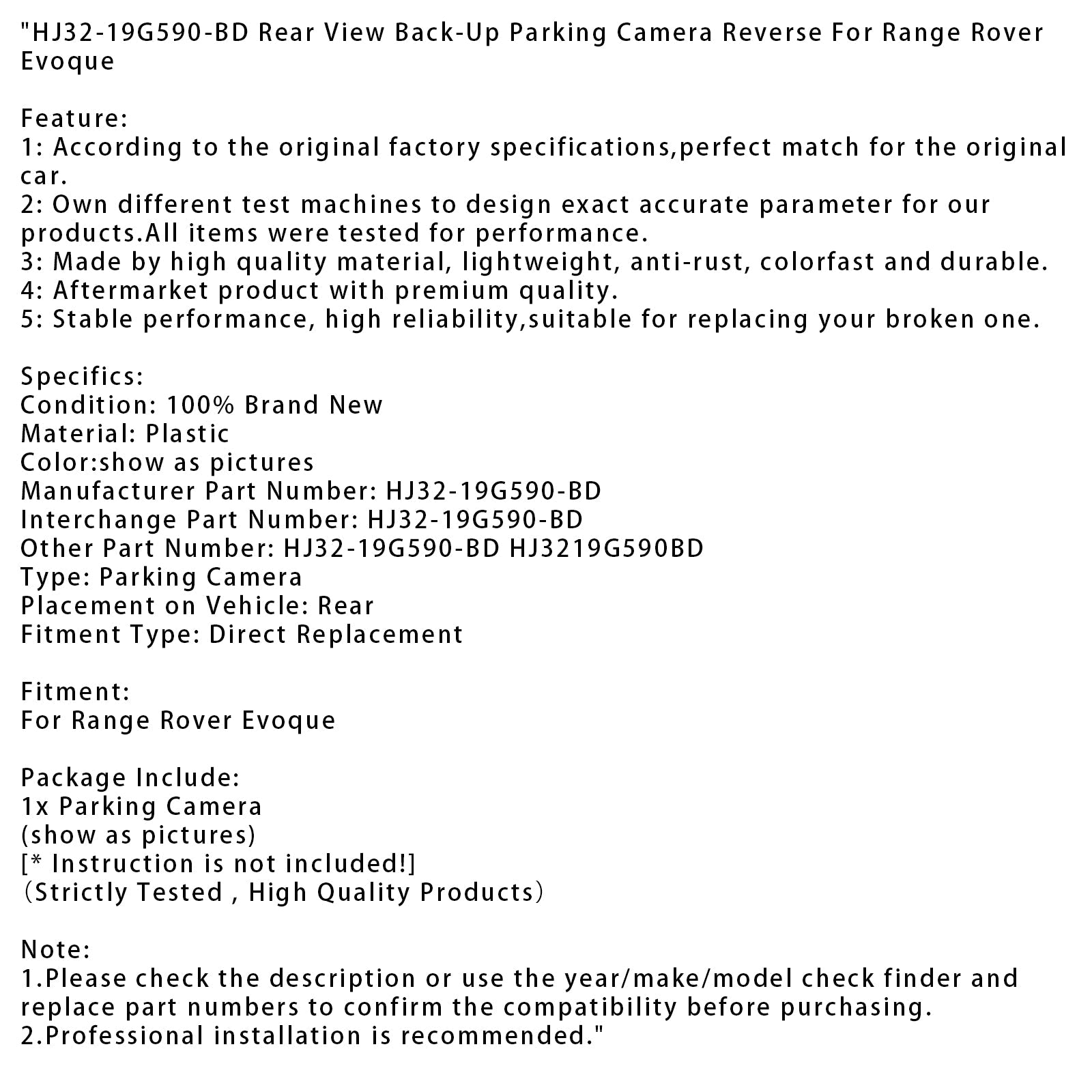 HJ32-19G590-BD Range Rover Evoque Rear View Back-Up Parking Camera Reverse