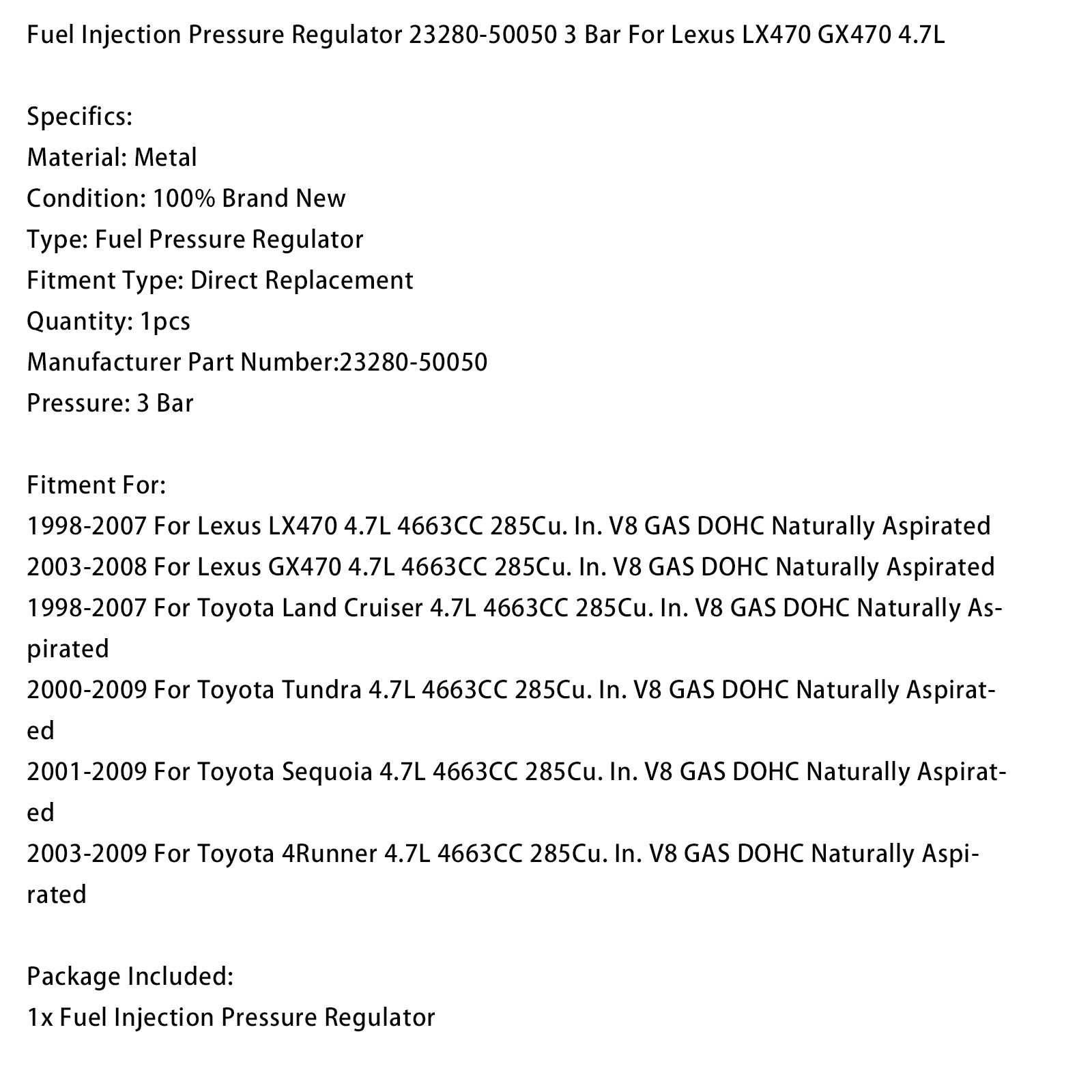 Fuel Injection Pressure Regulator 23280-50050 3 Bar For Lexus LX470 GX470 4.7L