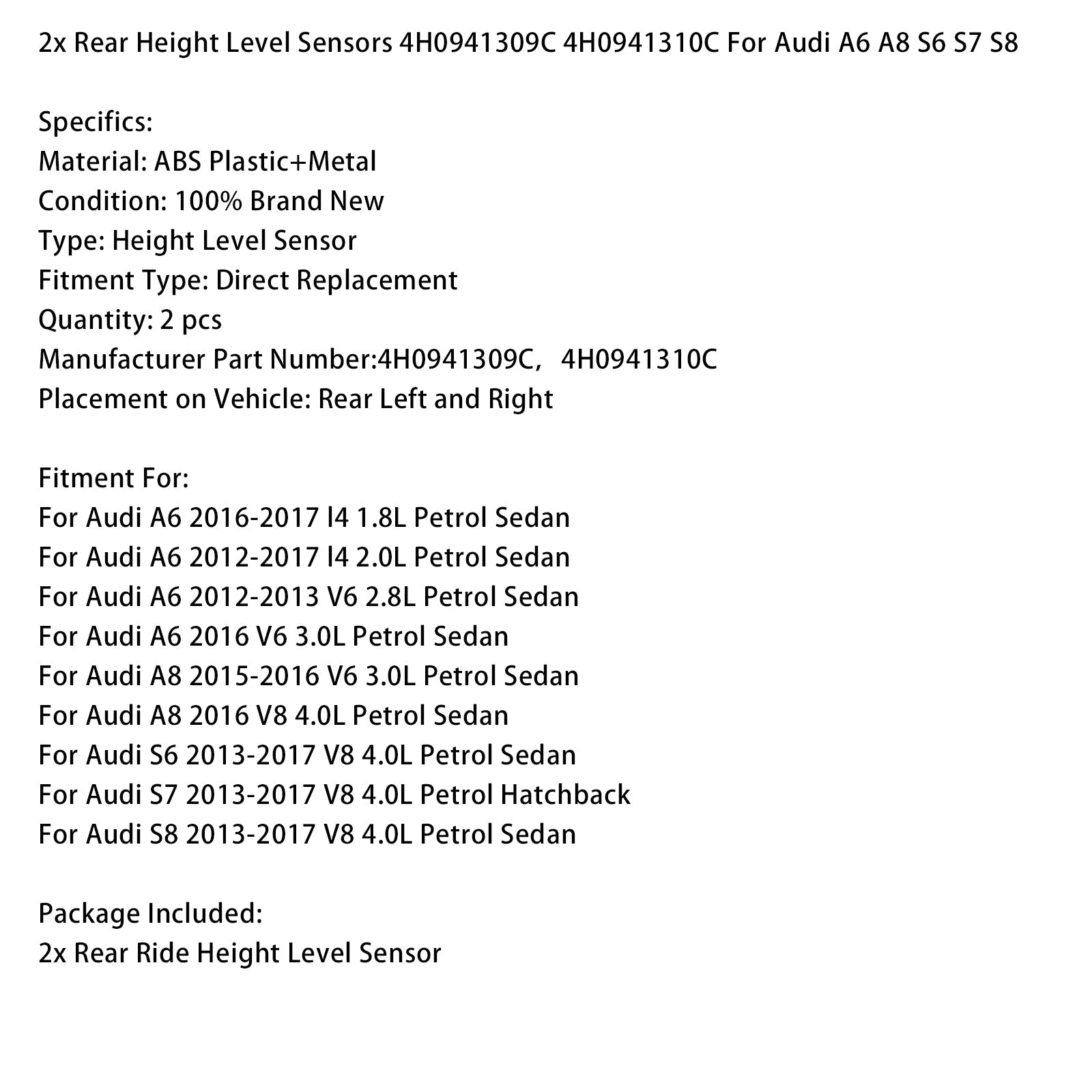 2x Rear Height Level Sensors 4H0941309C 4H0941310C For Audi A6 A8 S6 S7 S8
