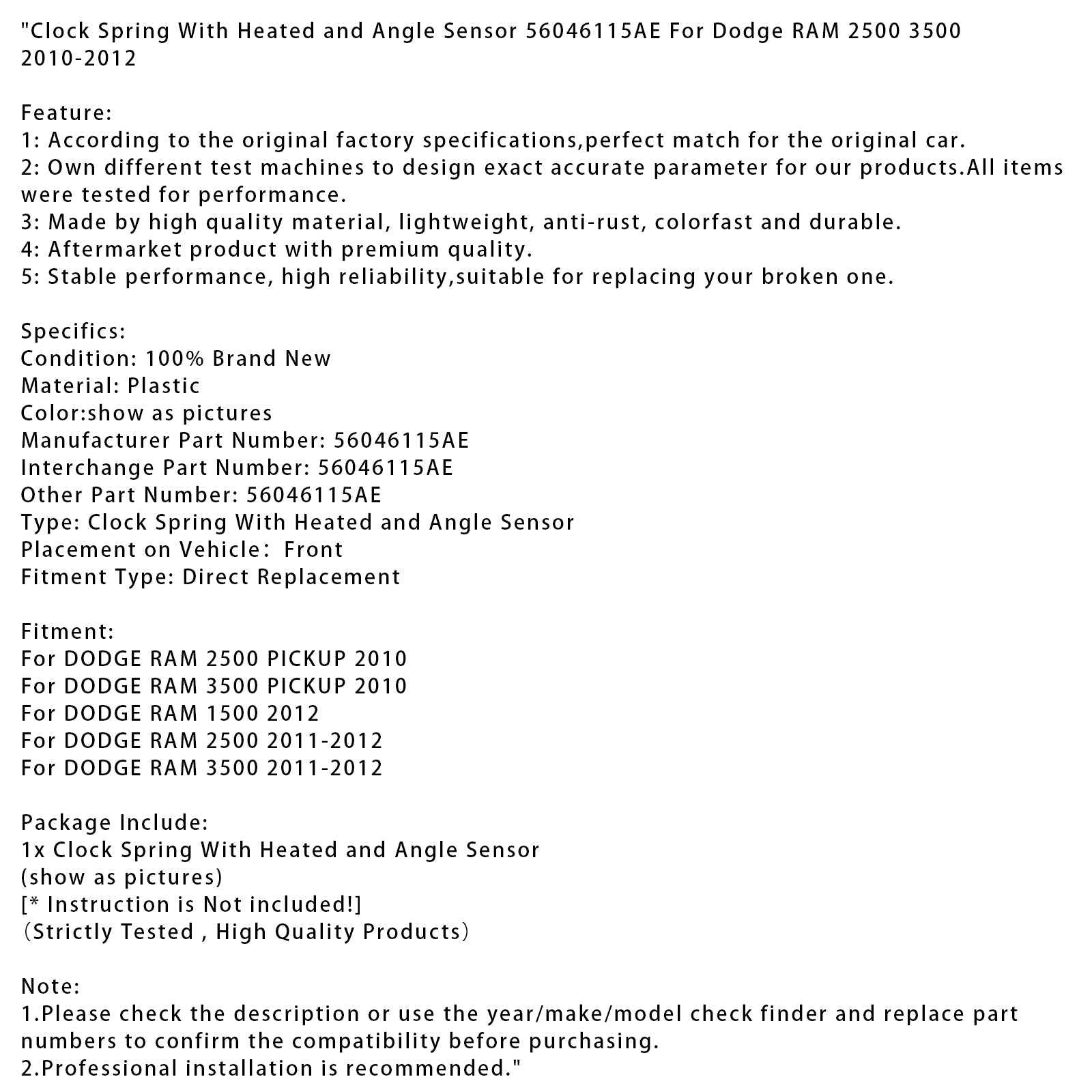 2011-2012 DODGE RAM 2500 Clock Spring With Heated and Angle Sensor 56046115AE