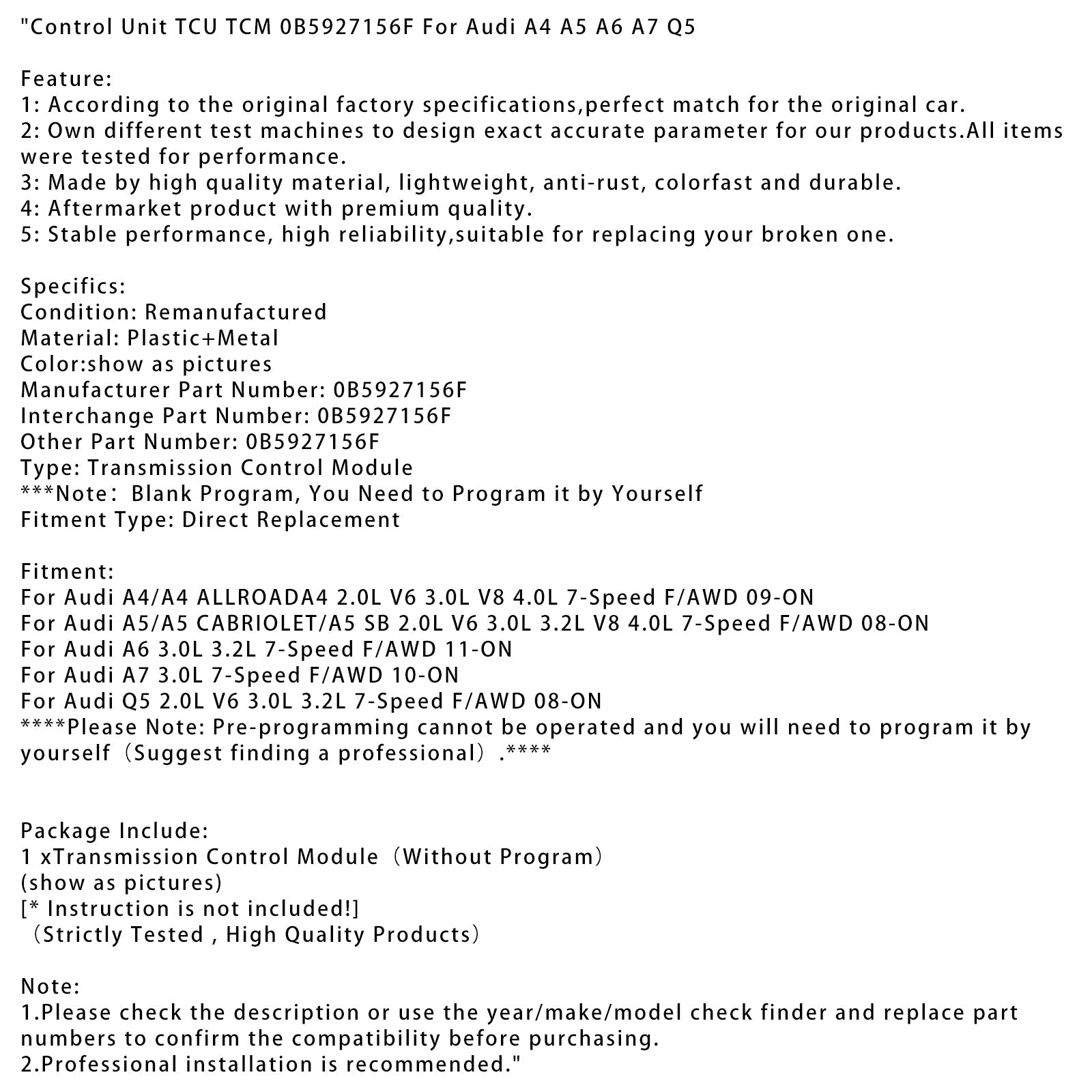 2009-ON Audi A4/A4 ALLROADA4 2.0L V6 3.0L V8 4.0L 7단 F/AWD 제어 장치 TCU TCM 0B5927156F