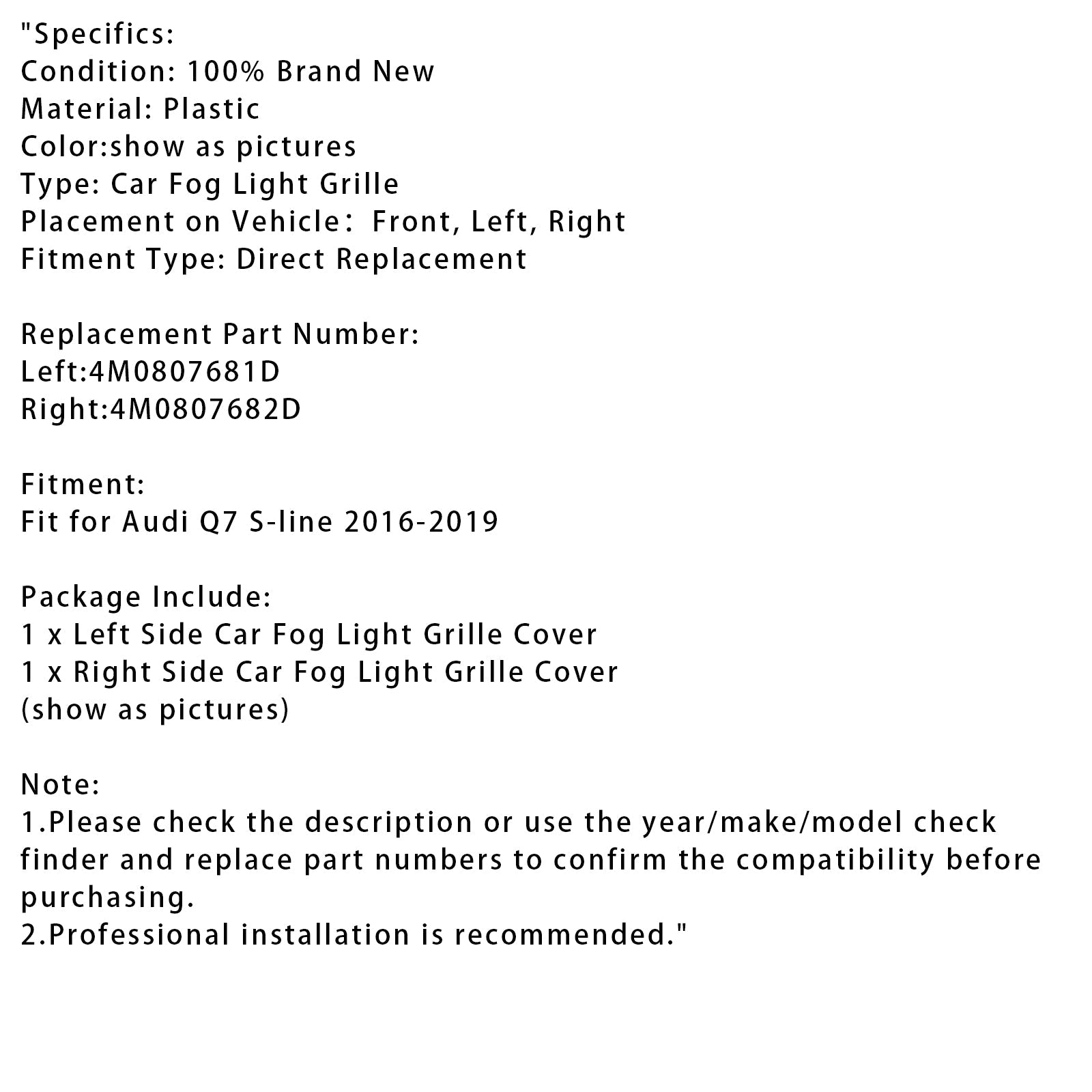 2016-2019 Audi Q7 S-Line 2X Original Car Front Bumper Fog Light Grilles 4M0807681D 4M0807682D