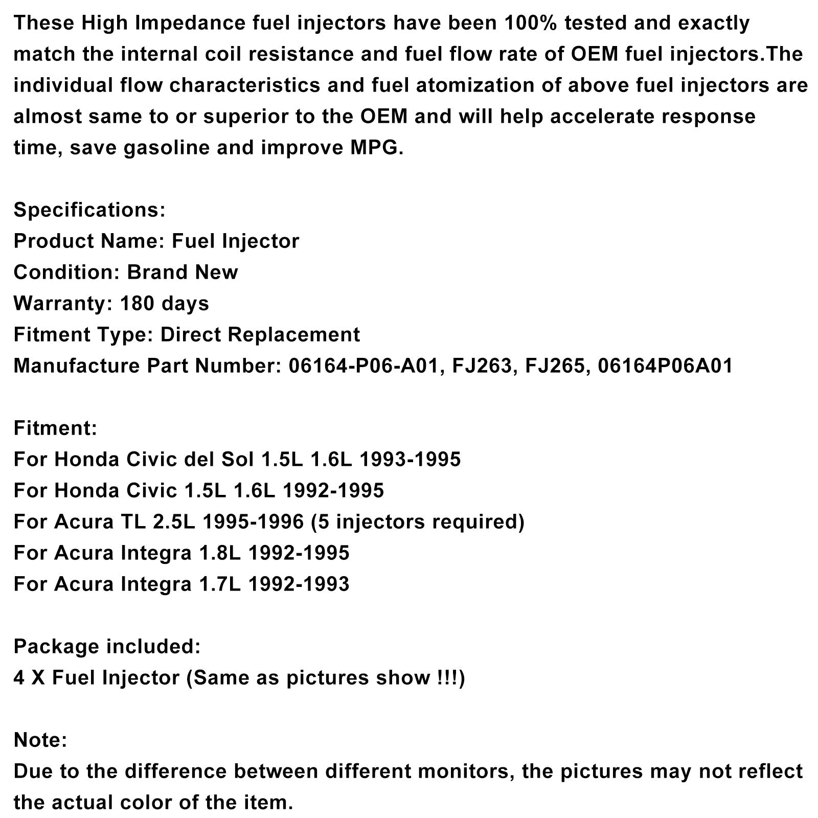 4PCS Fuel Injector 06164-P06-A01 Fit Civic Del Sol 1.5L 1.6L Integra 1.7L 1.8L