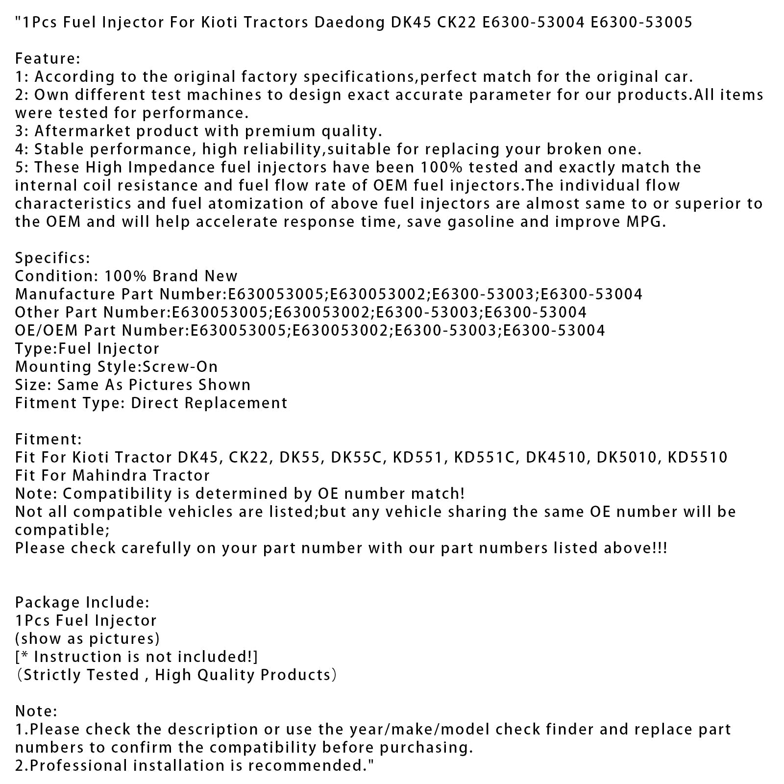 1Pcs Fuel Injector For Kioti Tractors Daedong DK45 CK22 E6300-53004 E6300-53005