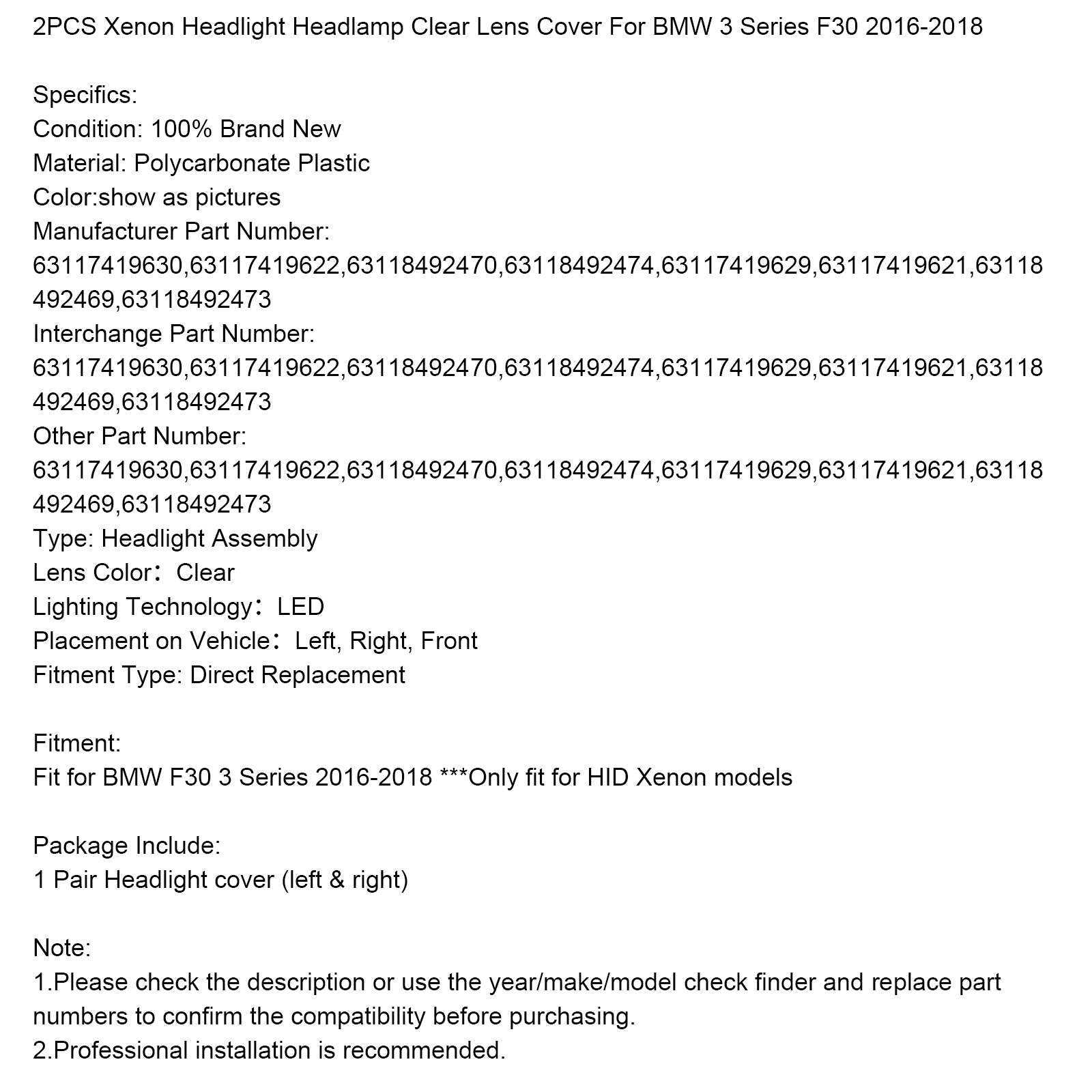 2016-2018 BMW 3 Series F30 2PCS Xenon Headlight Headlamp Clear Lens Cover