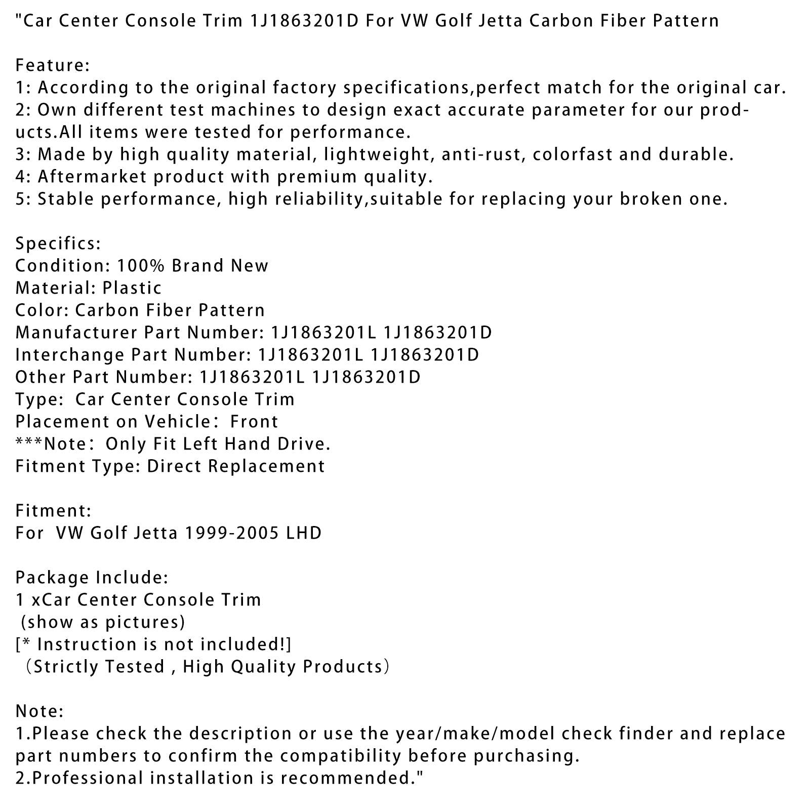 1999-2005 VW Golf Jetta Car Center Console Trim 1J1863201D Carbon Fiber Pattern