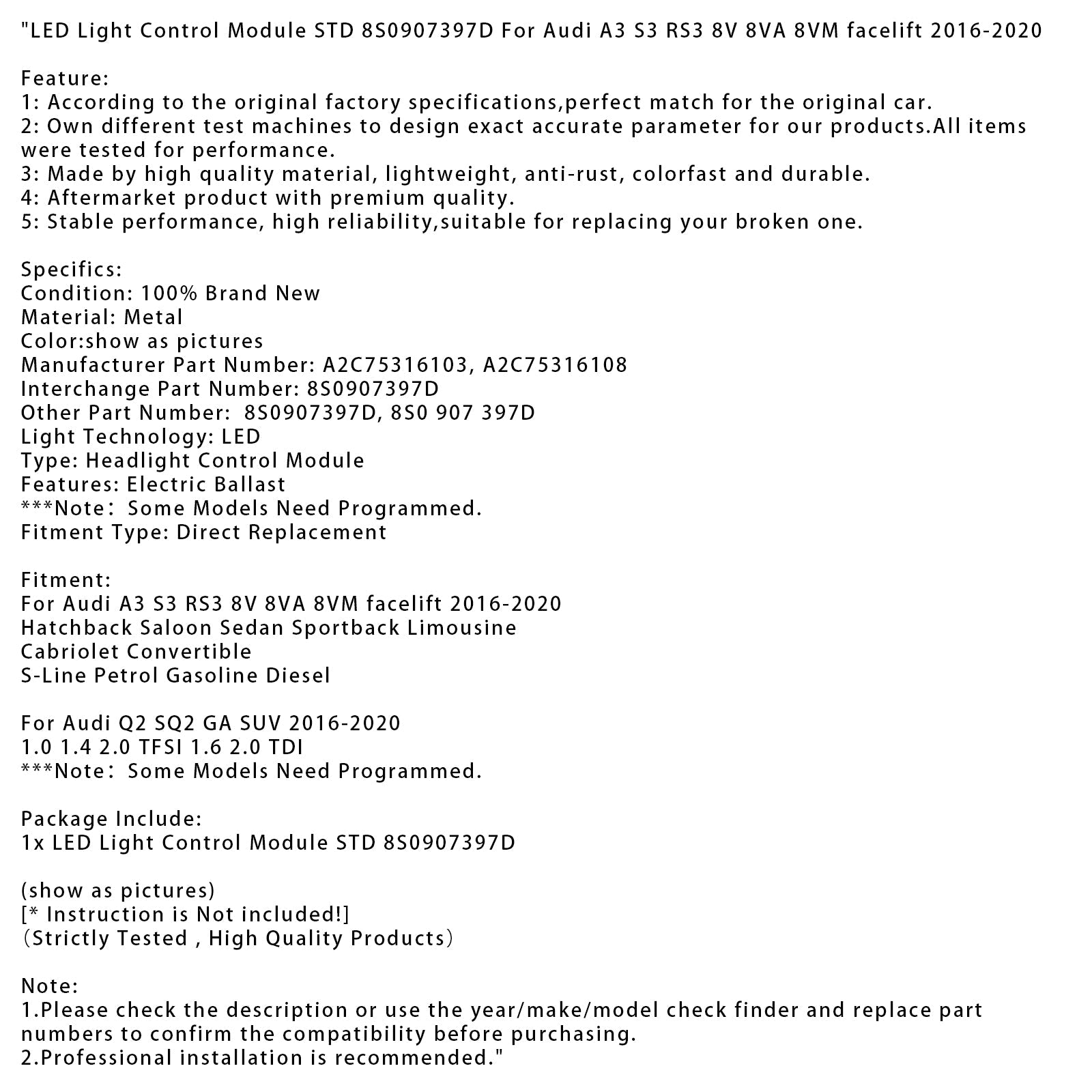 2016-2020 Audi A3 S3 RS3 8V 8VA 8VM facelift 1.0 1.4 2.0 TFSI 1.6 2.0 TDI LED Light Control Module
