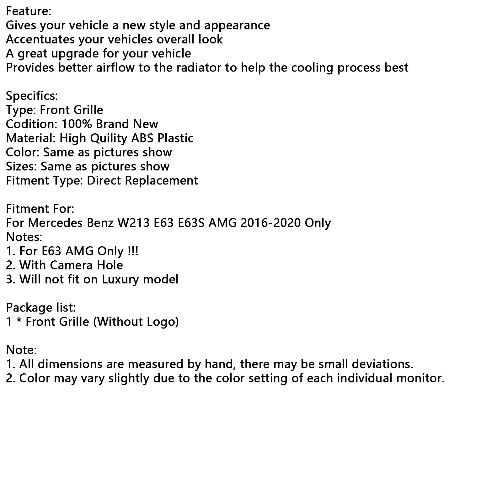 메르세데스 벤츠 프론트 범퍼 그릴 W213 E63 E63S AMG 2016-2020 전용