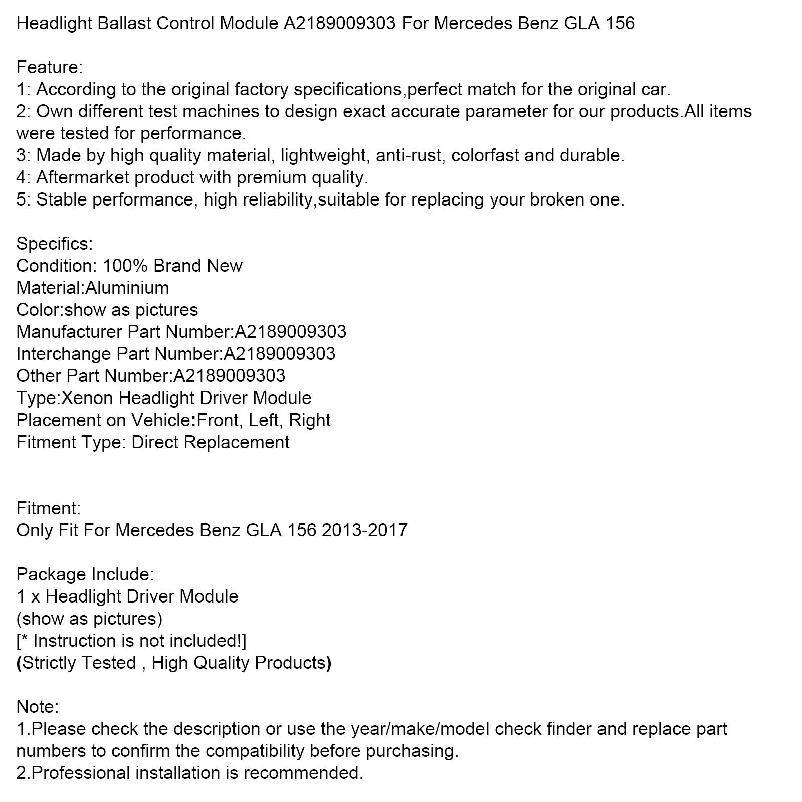 2013-2017 Mercedes Benz GLA 156 Headlight Ballast Control Module A2189009303