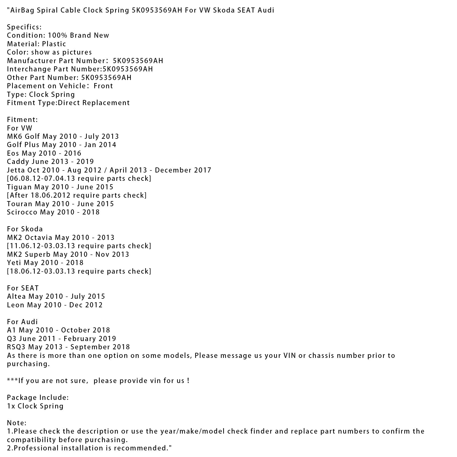 2010-2018 Skoda Yeti AirBag Spiral Cable Clock Spring 5K0953569AH