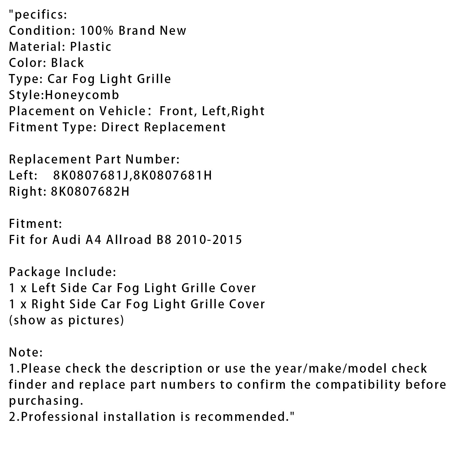 2010-2015 Audi A4 Allroad B8 Front Bumper Honeycomb Fog Grille Cover Black