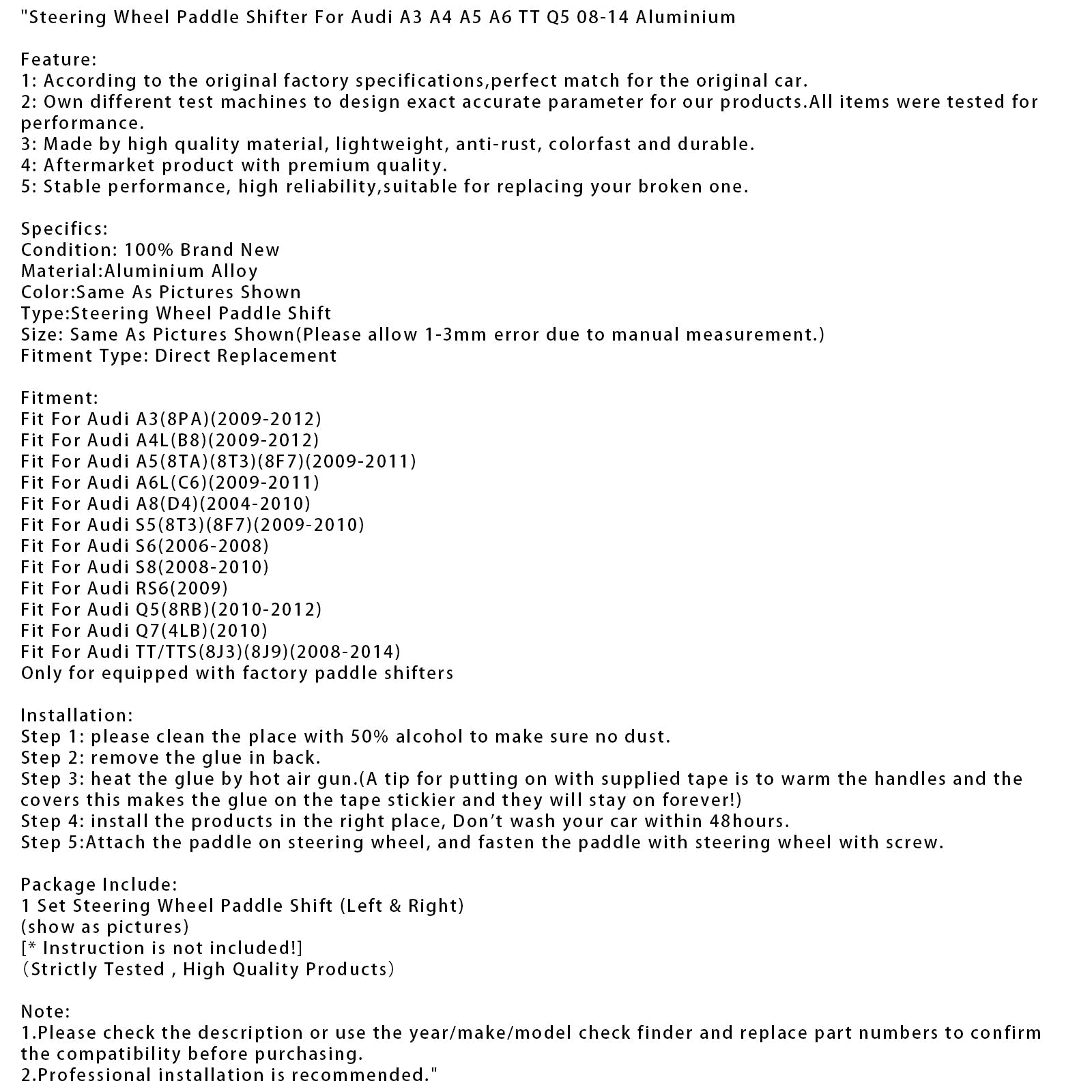 Steering Wheel Paddle Shifter For Audi A3 A4 A5 A6 TT Q5 08-14 Aluminium