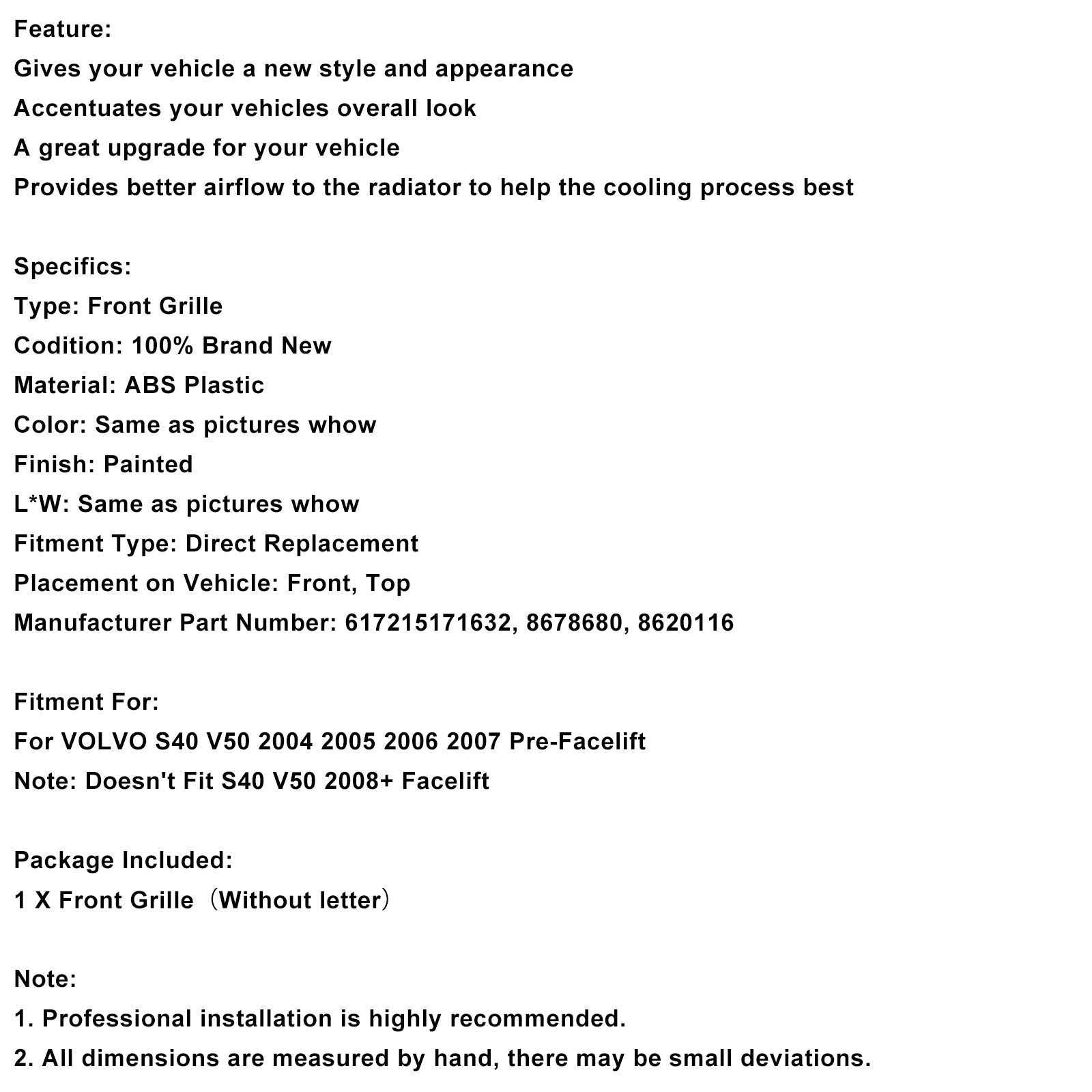 2004-2007 Volvo S40 V50 Gloss Black Front Bumper Honeycomb Grille Grill