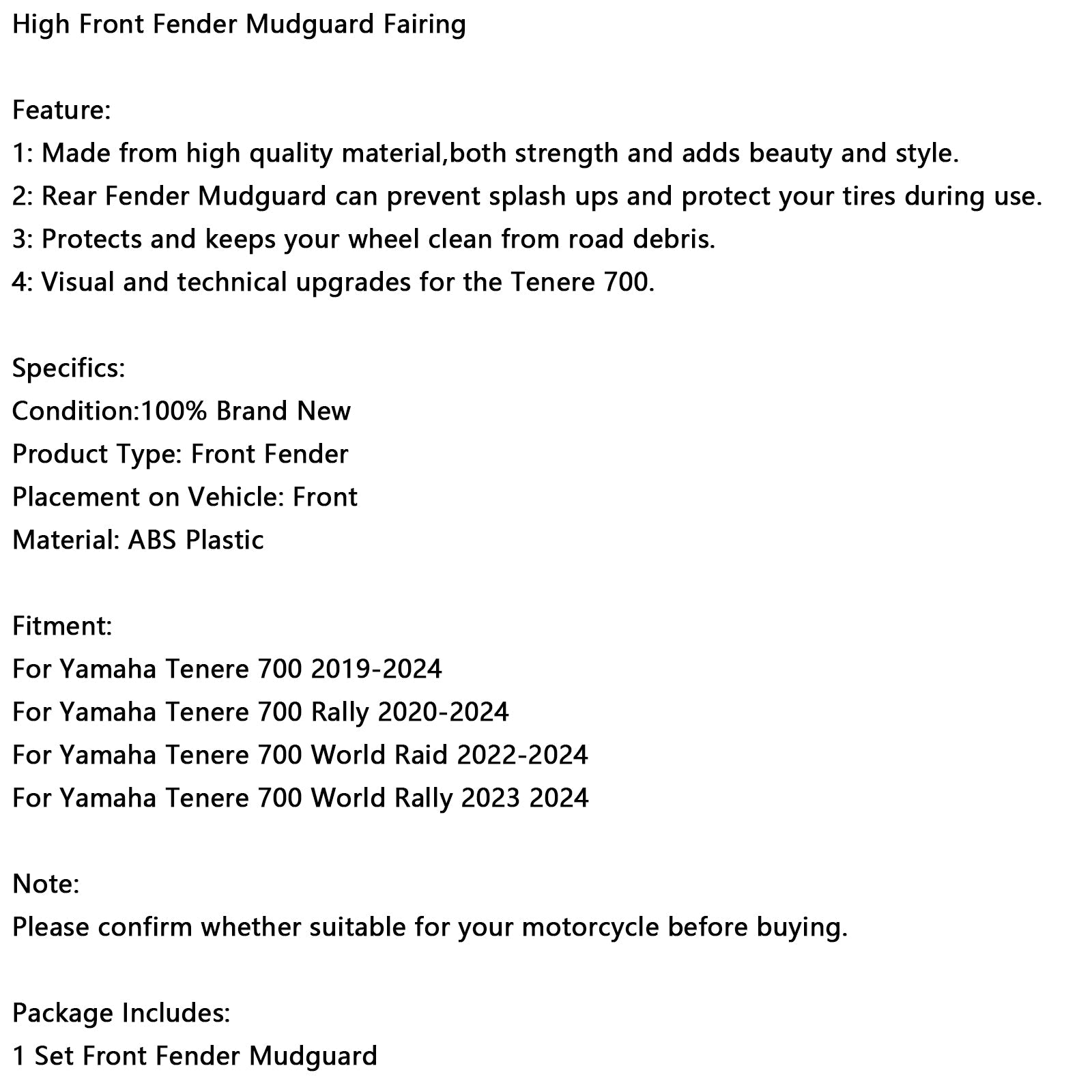 High Front Fender Mudguard Fairing For Yamaha Tenere 700 2019-2024