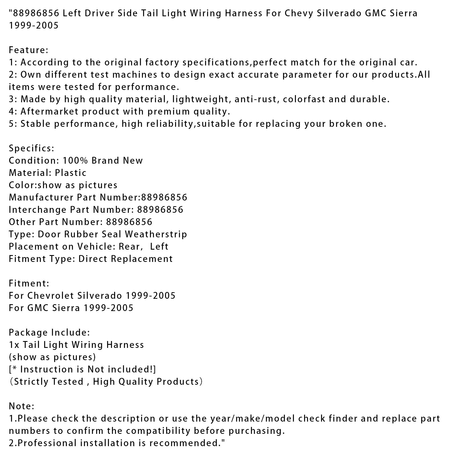 Left Driver Side Tail Light Wiring Harness For Chevy Silverado GMC Sierra 1999-2005