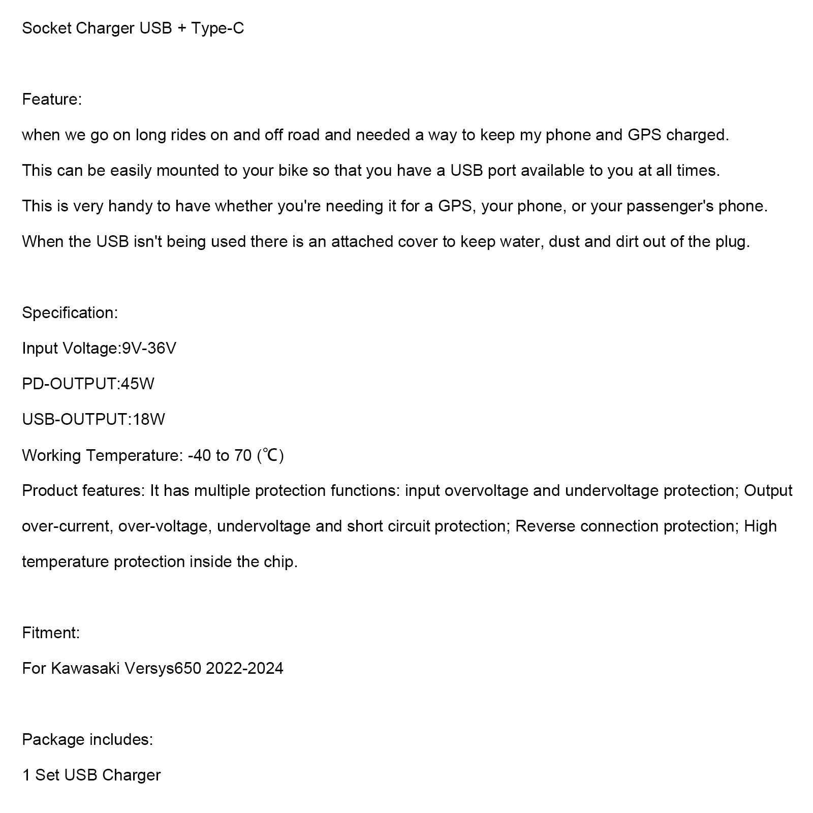Right Socket Charger USB + Type-C Quick For Kawasaki Versys 650 2022-2024