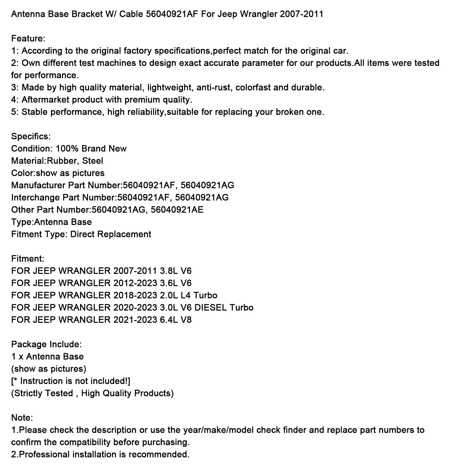 Antenna Base Bracket W/ Cable 56040921AF For Jeep Wrangler 2007-2011