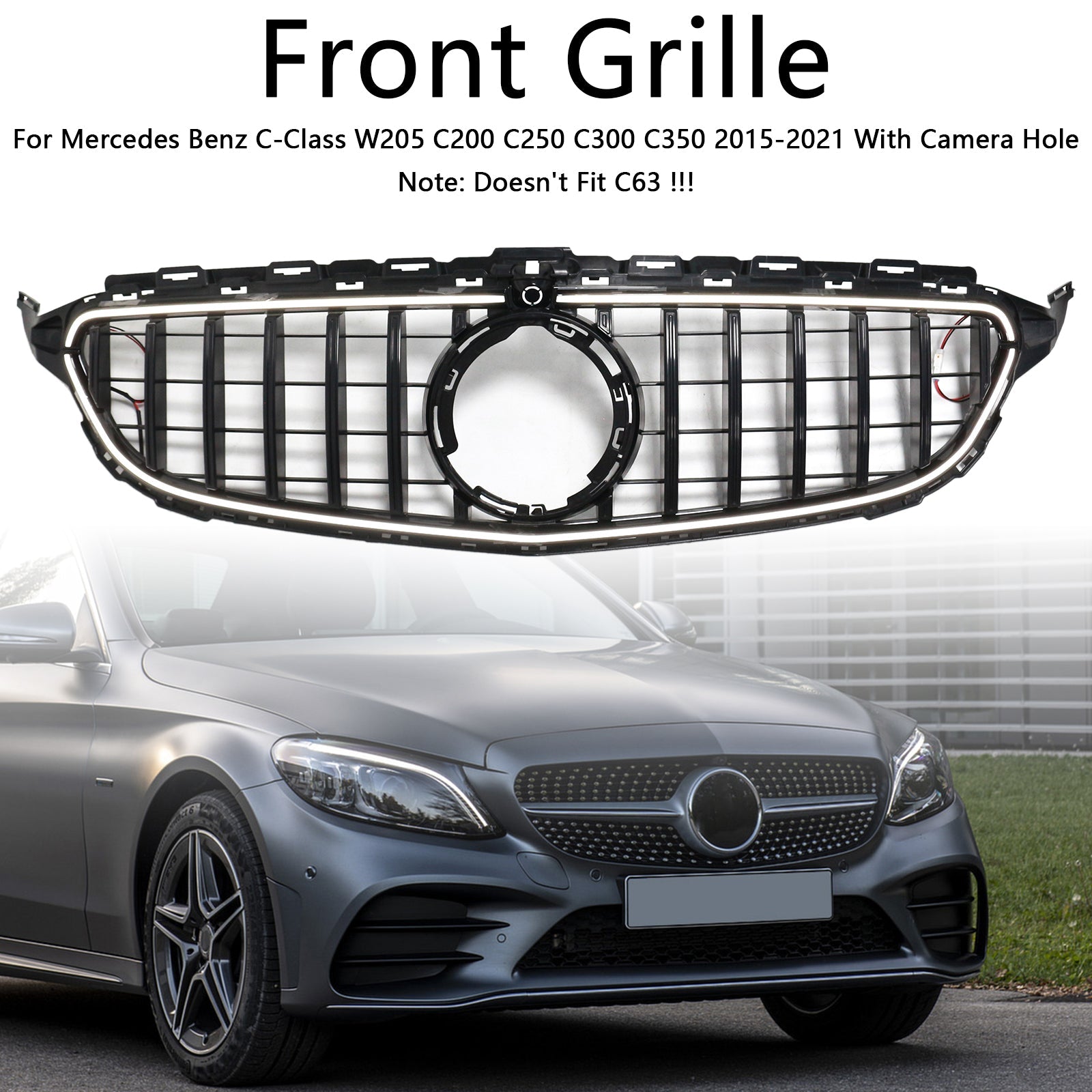 Black Front Bumper Grill Grille Fit Mercedes W205 C250 C300 2015-2021 W/LED