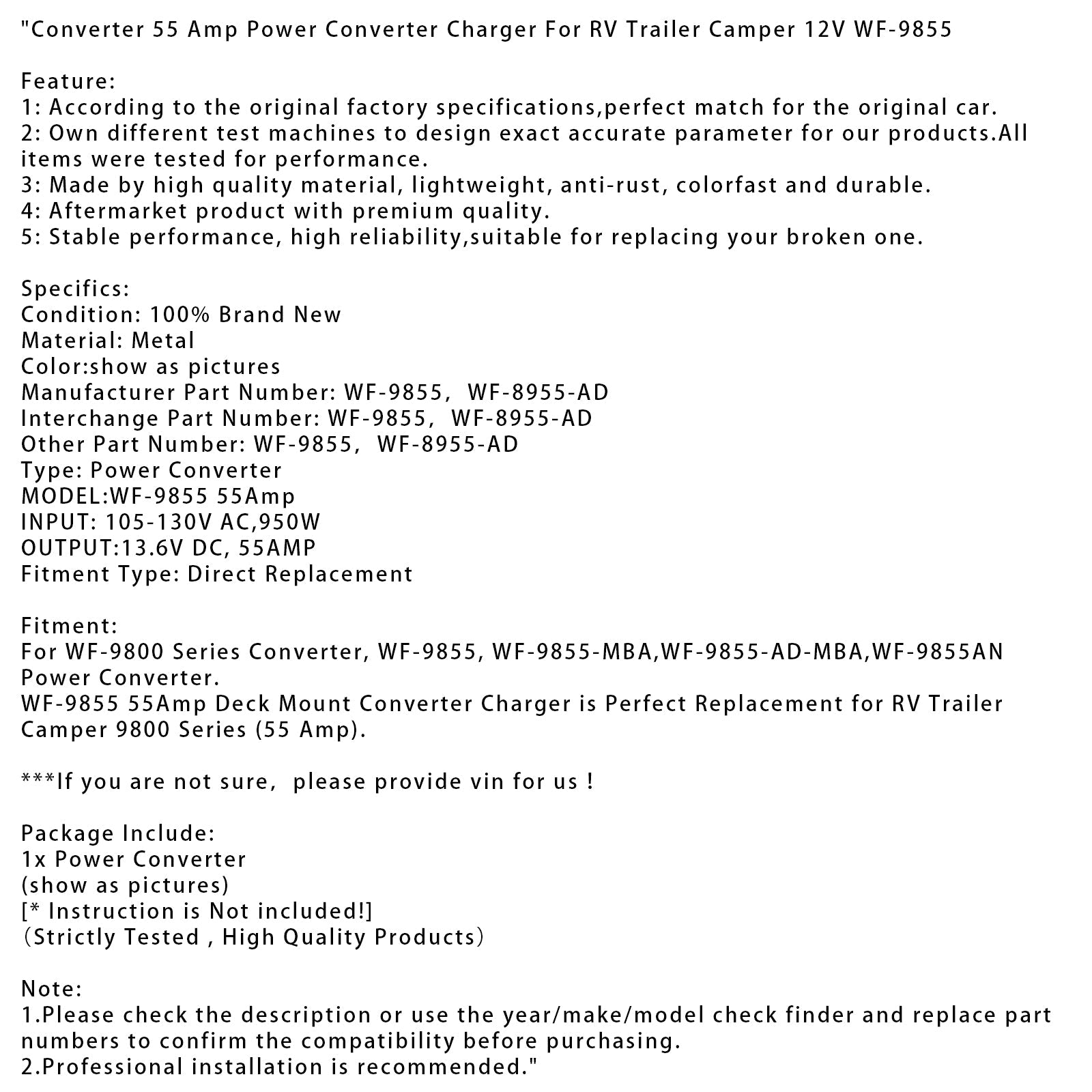 Converter 55 Amp Power Converter Charger For RV Trailer Camper 12V WF-9855