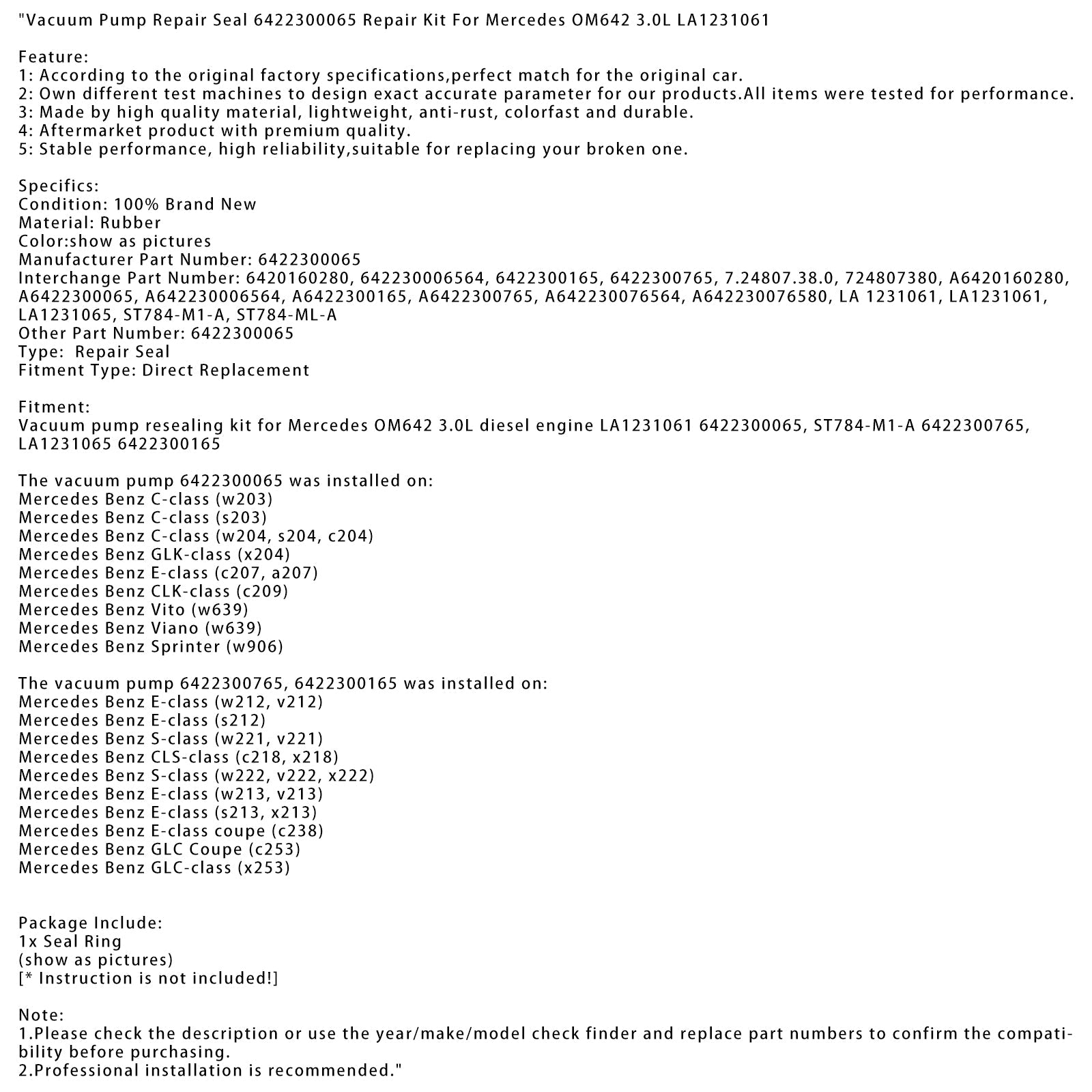 진공 펌프 수리 씰 6422300065 메르세데스를위한 수리 키트 OM642 3.0L LA1231061
