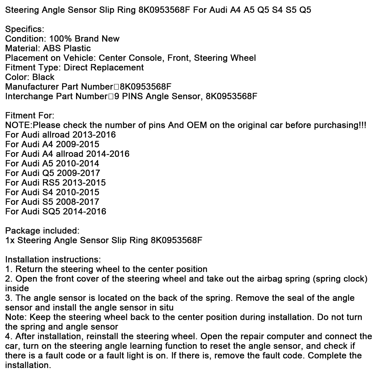 8K0953568F Spiral Cable Angle Sensor Assembly 9 PINS For Audi A4 A5 Q5 S4 S5 Q5