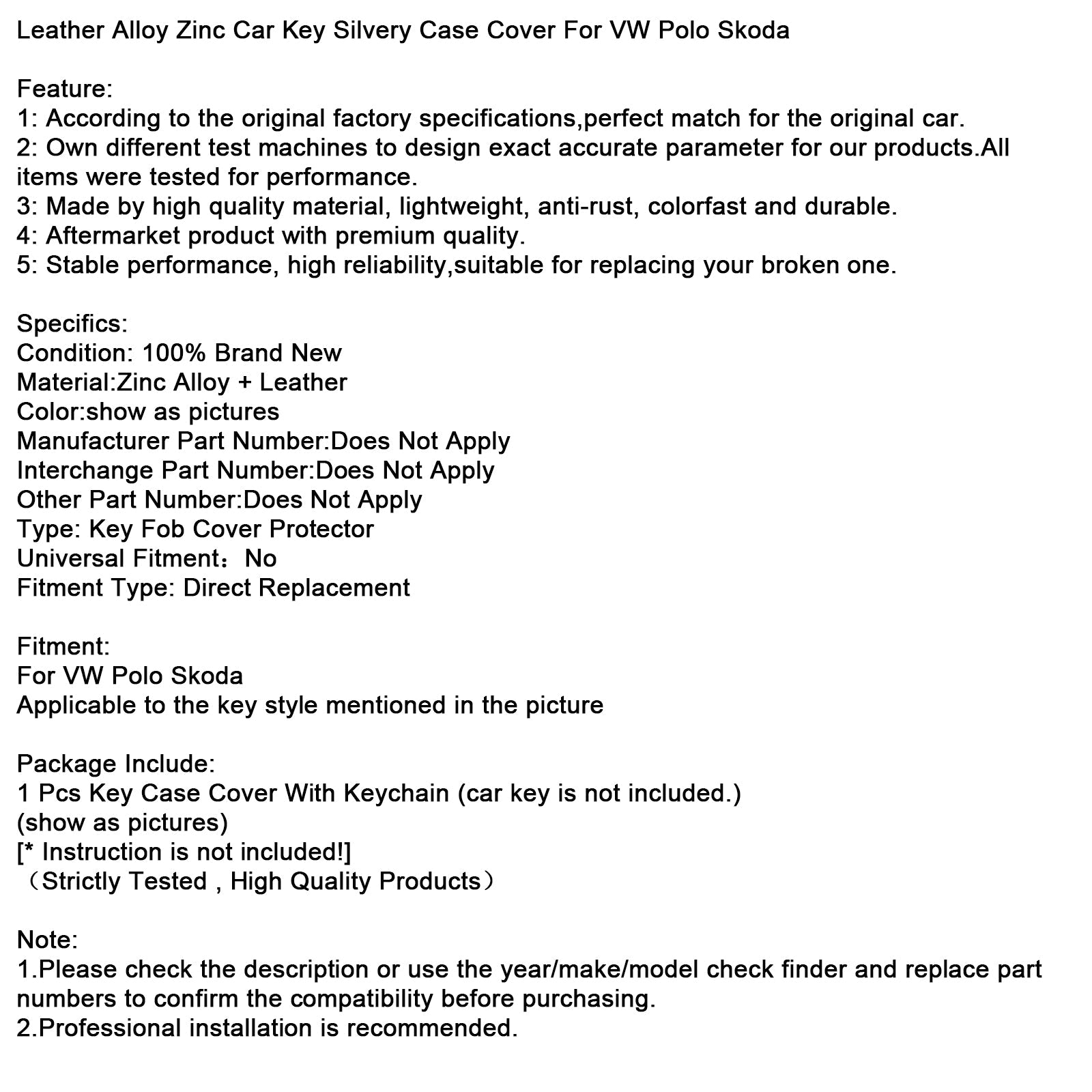 VW Polo Skoda Leather Alloy Zinc Car Key Silvery Case Cover