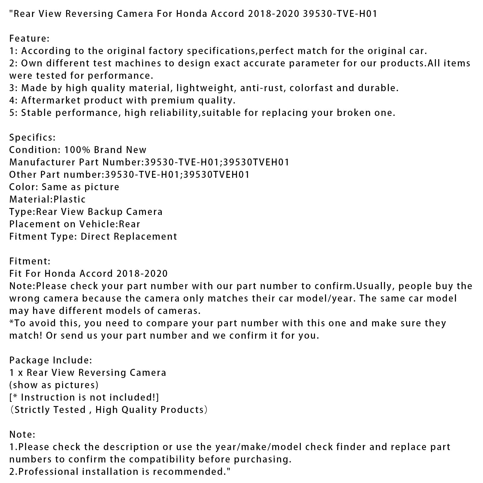 2018-2020 Honda Accord Rear View Reversing Camera 39530-TVE-H01