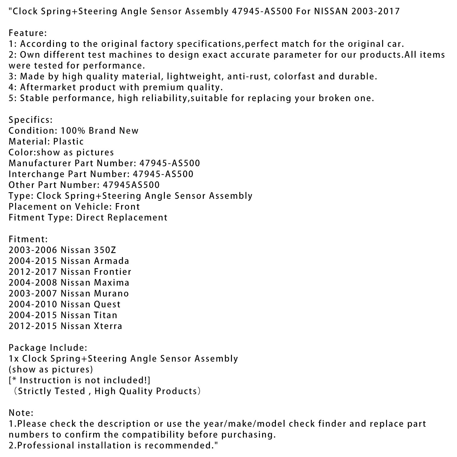 Clock Spring+Steering Angle Sensor Assembly 47945-AS500 For NISSAN 2003-2017