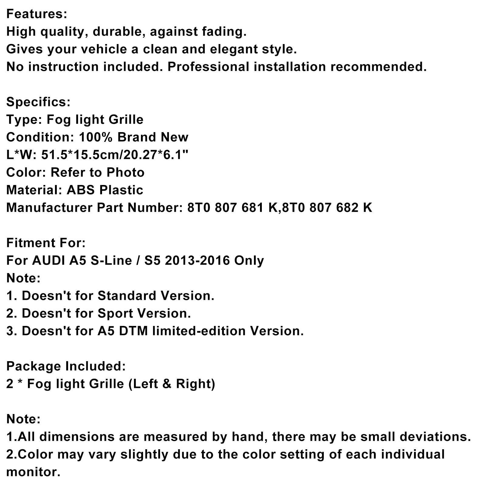 2013-2016 AUDI A5 S-Line S5 2PCS Front Fog Lamp Black Grill Grille