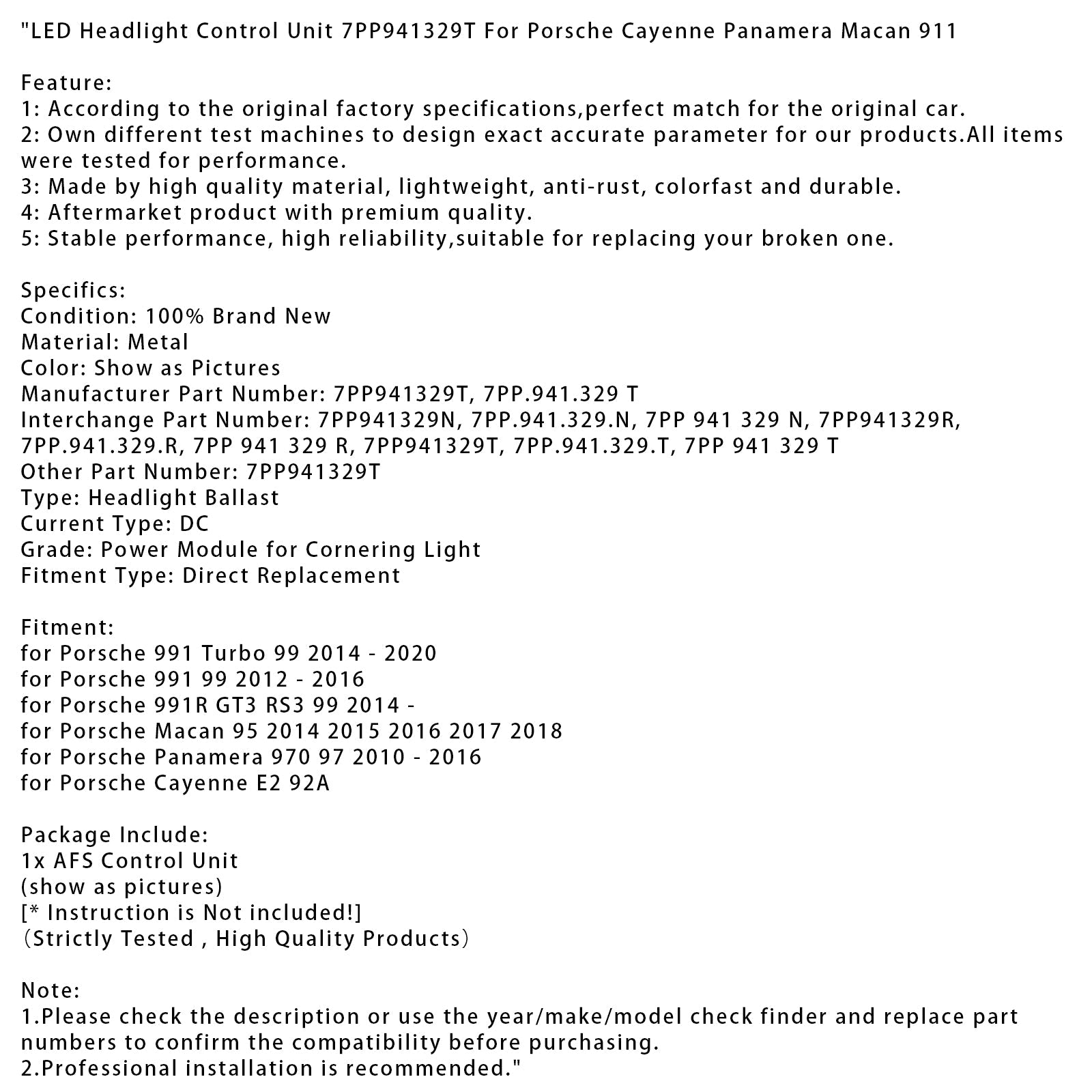 2014+ Porsche 991R GT3 RS3 99 LED Headlight Control Unit 7PP941329T