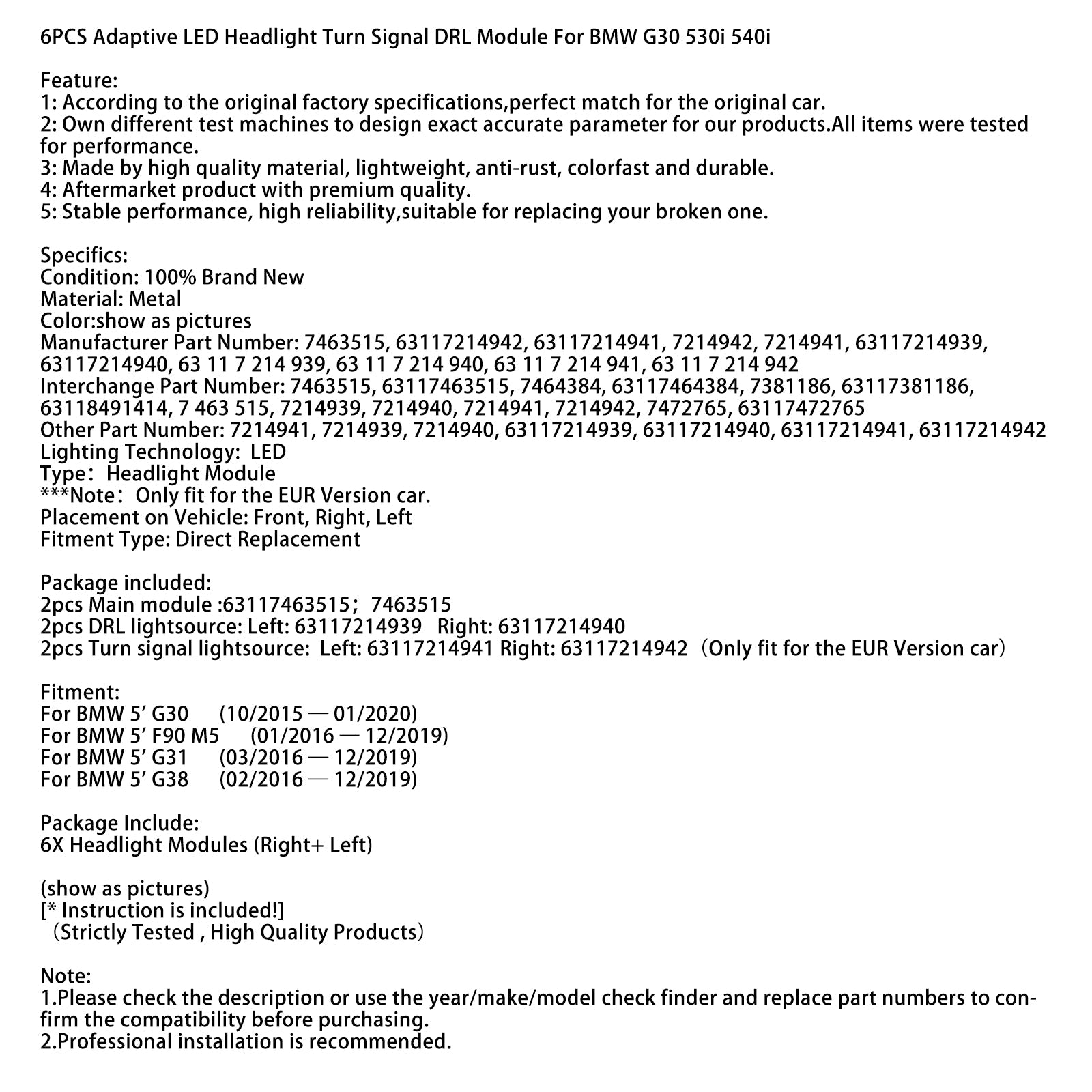 6PCS Adaptive LED Headlight Turn Signal DRL Module For BMW G30 530i 540i