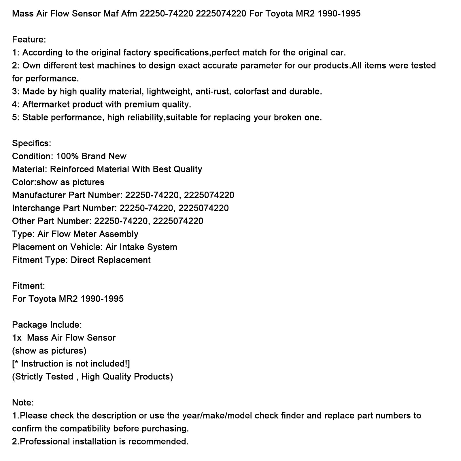 1990-1995 Toyota MR2 Mass Air Flow Sensor Maf Afm 22250-74220 2225074220