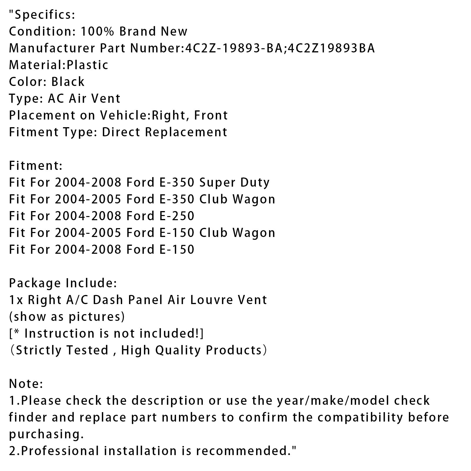 Heater AC Dash Panel Air Louvre Vent For Ford E-150 E-250 4C2Z19893BA