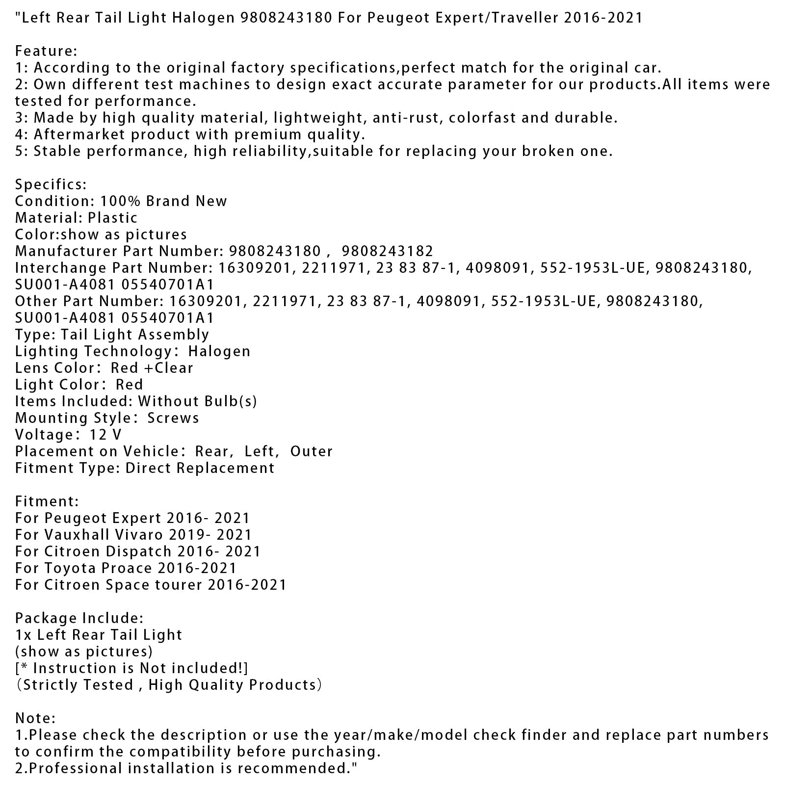 Left Rear Tail Light Halogen 9808243180 For Peugeot Expert/Traveller 2016-2021 9808243180 9808243182