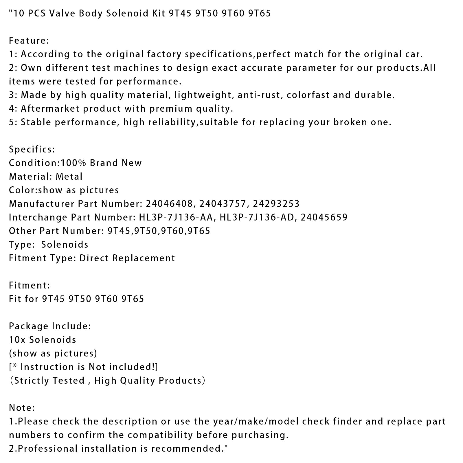 9T45 9T50 9T60 9T65 10 PCS Valve Body Solenoid Kit