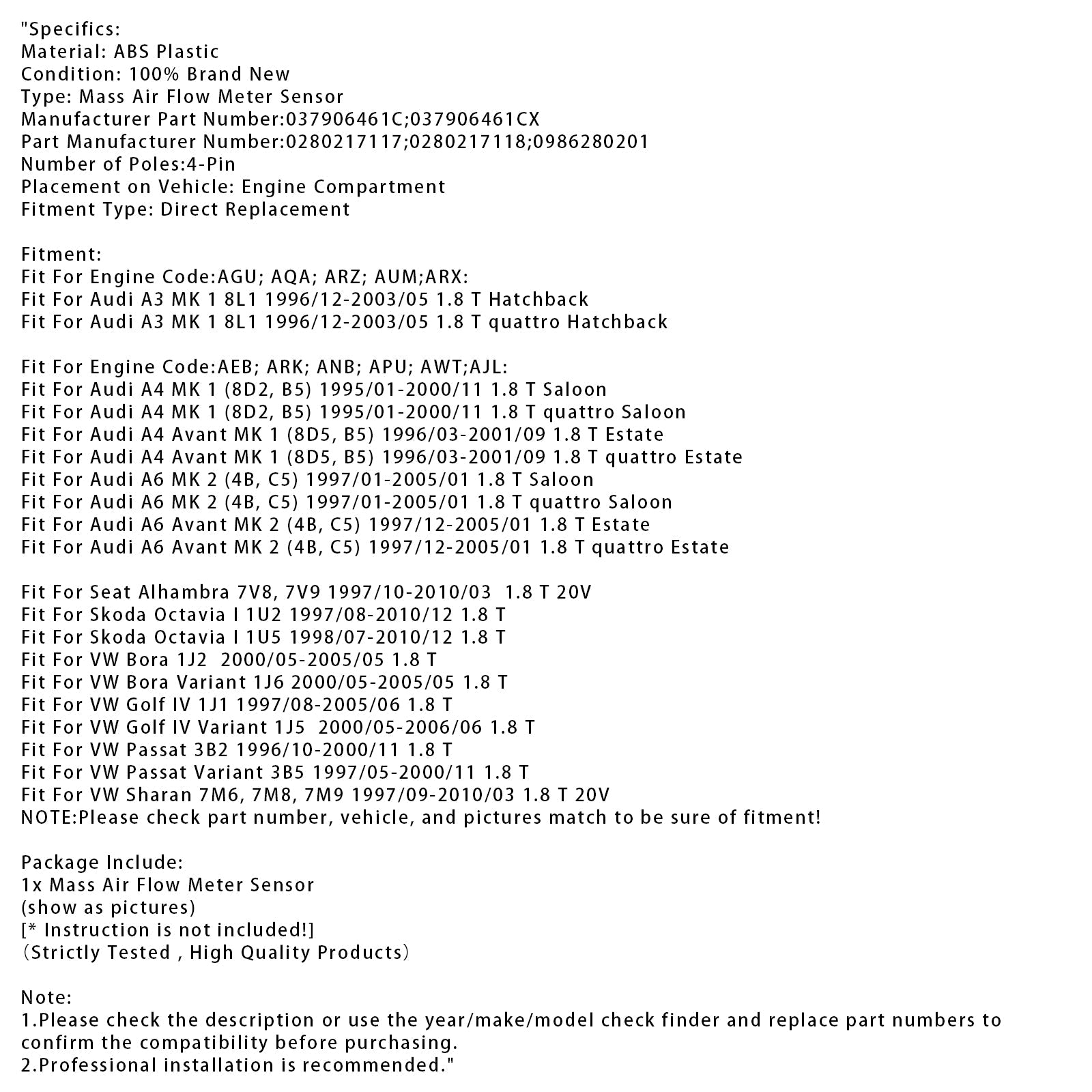 Mass Air Flow Meter Sensor For Audi A3 A4 A6 1.8T VW Jetta Passat 0280217117