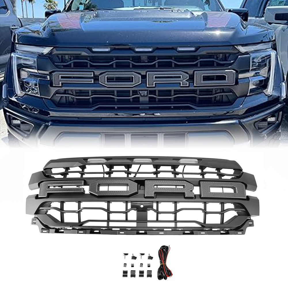 2024 2025 Ford F150 Black Grille Front Bumper Raptor Style Grill W/ LED Light & Letter