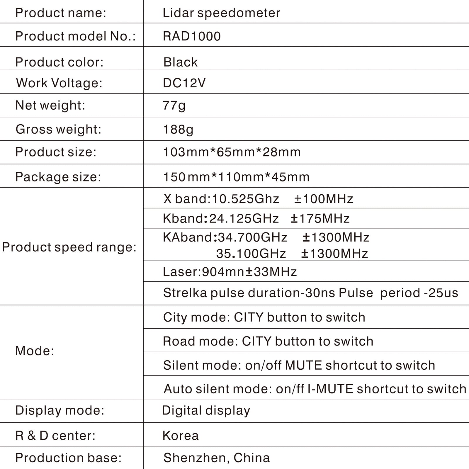 RAD1000 360~ Car Laser Electronic Dog Speed Radar Lidar Speed Measuring Detector
