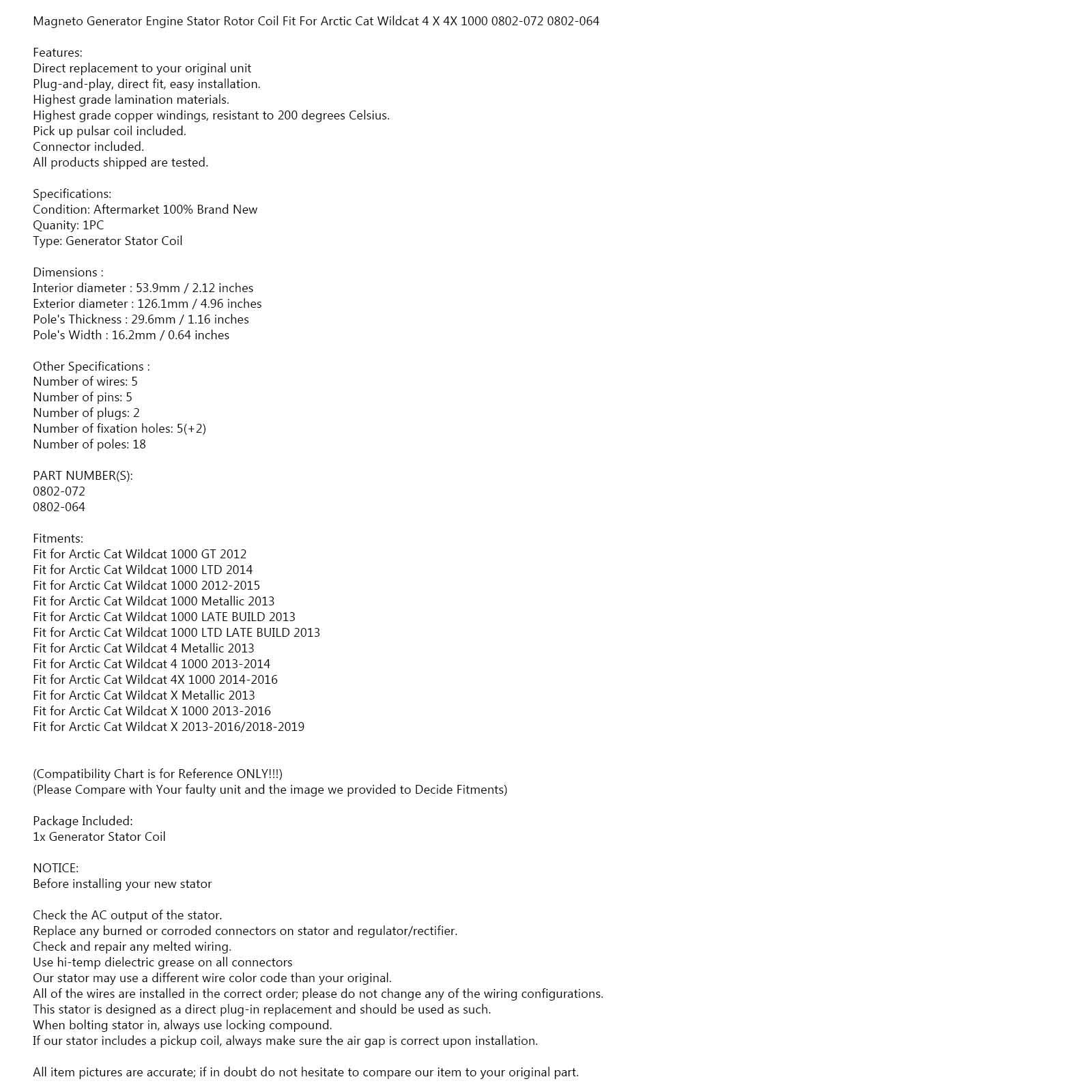 Stator Generator Magneto Fit for Arctic Cat Wildcat X 4 4X 1000 Metallic 12-19 Generic