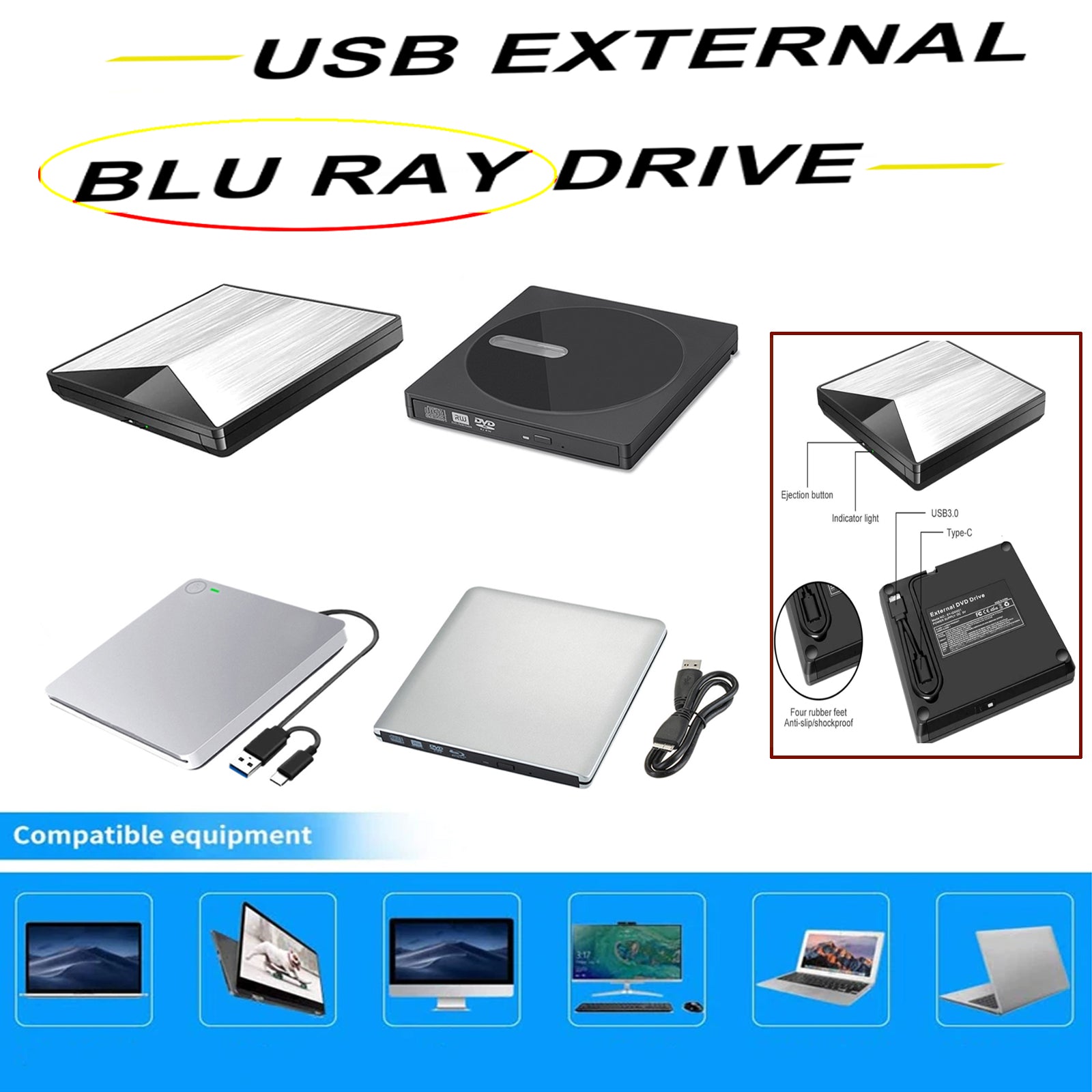 4K 6X Blu ray Burner USB External Super Slim BD DVD CD RW Disc Writer Movie Player