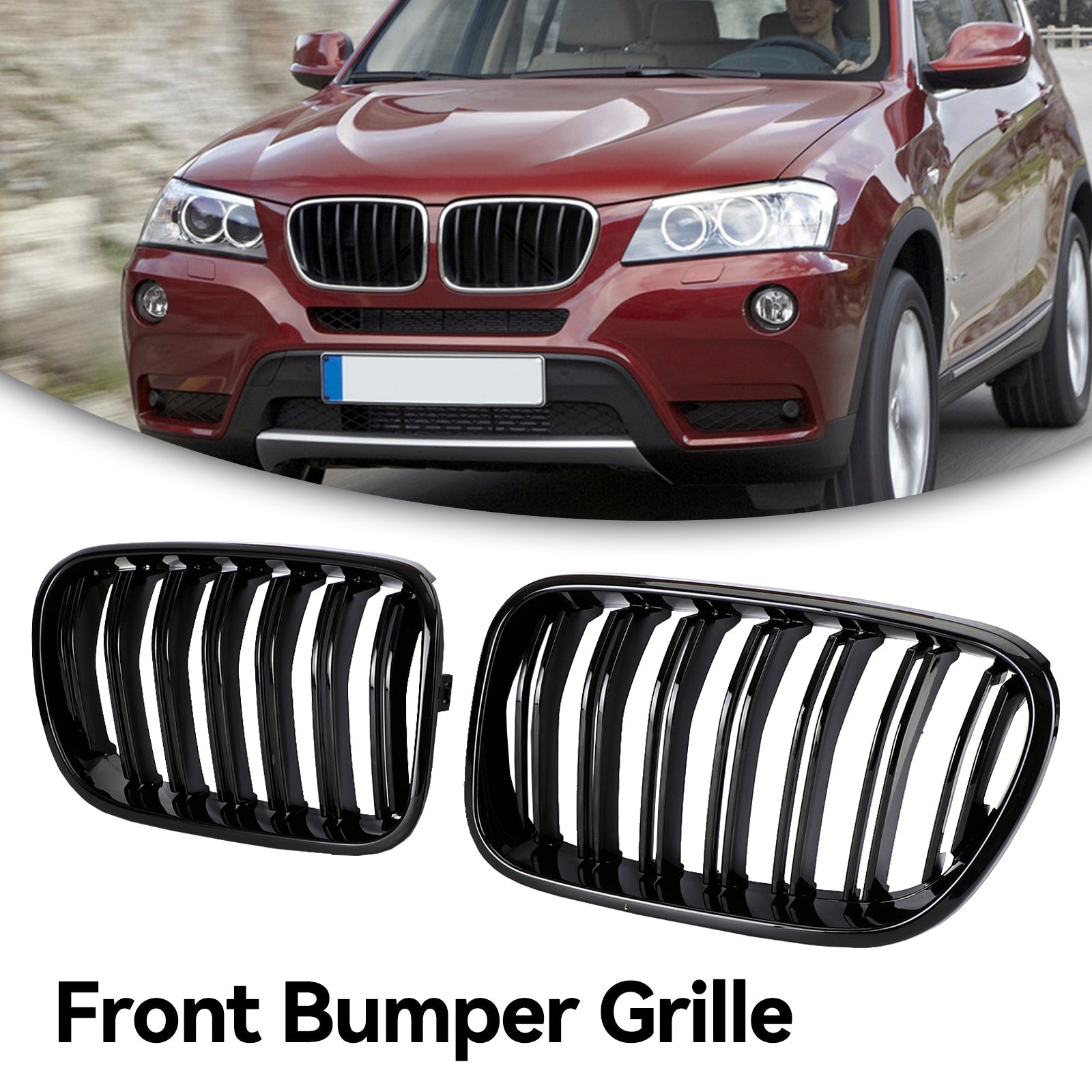 BMW X3 F25 2011-2014 Parrilla de rejilla de riñón de parachoques delantero negro brillante de doble línea