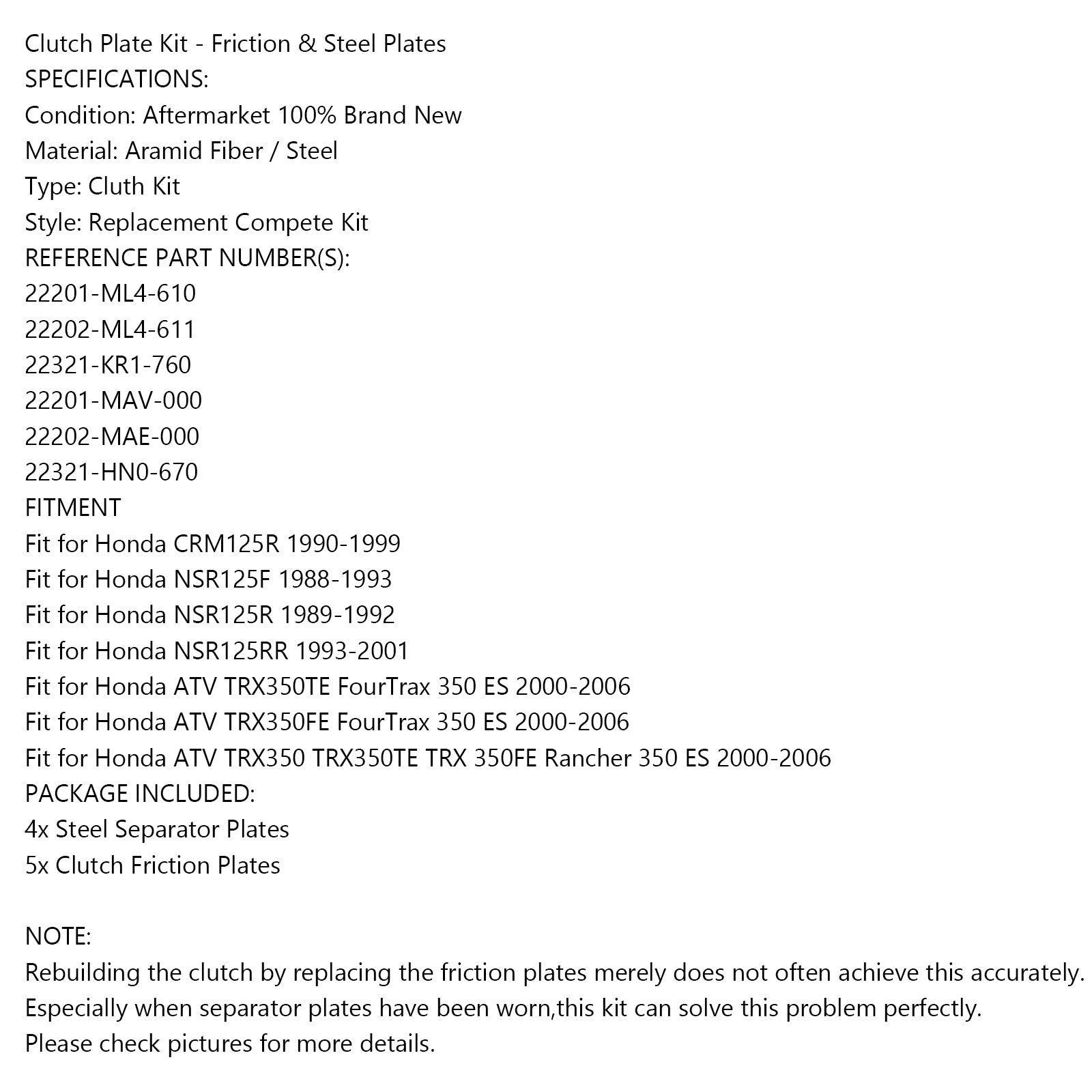 Honda CRM125R NSR125F NSR125R TRX350 제네릭에 맞는 클러치 키트 스틸 및 마찰판