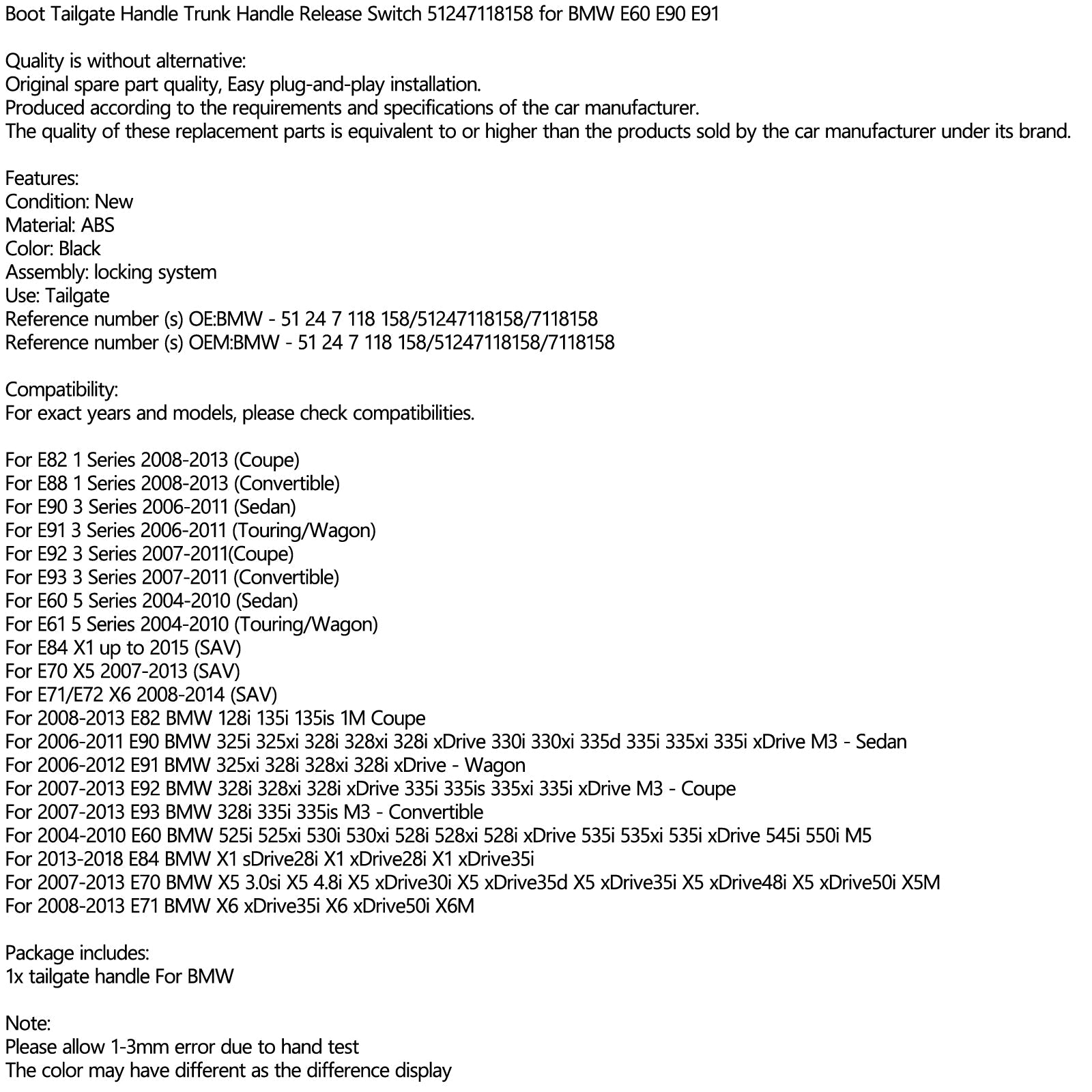 Boot Tailgate Handle Trunk Handle Release Switch 51247118158 For BMW E60 E90 E91 Generic