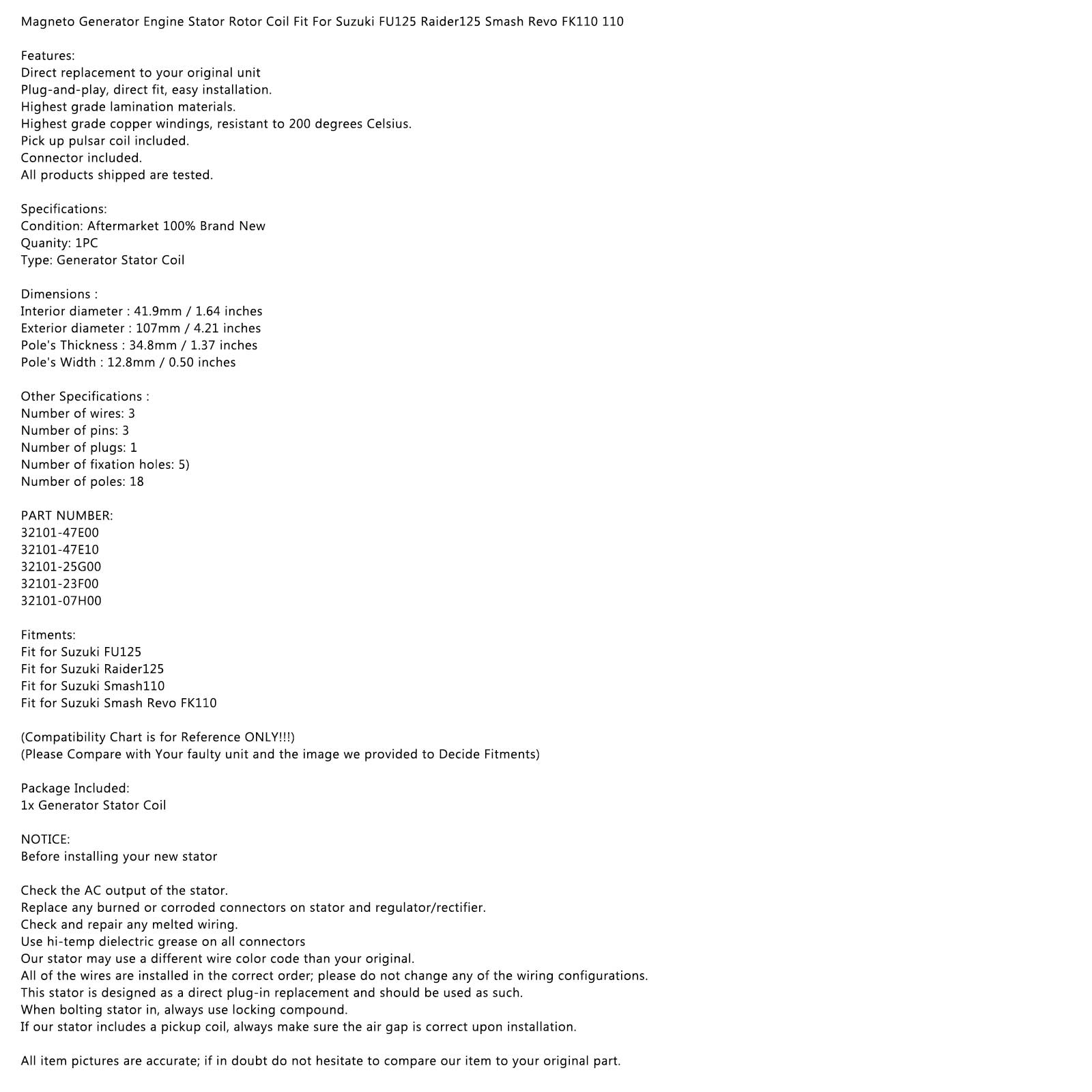 Alternator Generator Stator Fit for Suzuki FU 125 Raider R Smash Revo FK 110