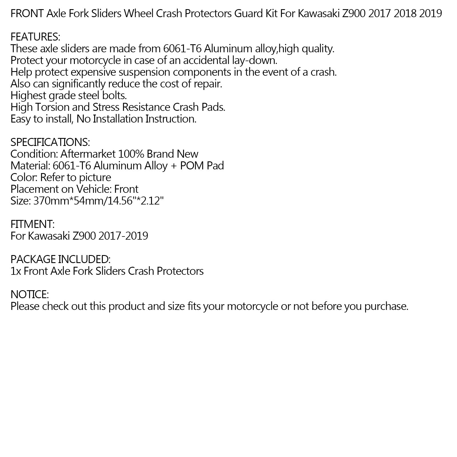 FRONT Axle Fork Crash Sliders Wheel Pad Fit for Kawasaki Z900 ZR900 17-19 Generic