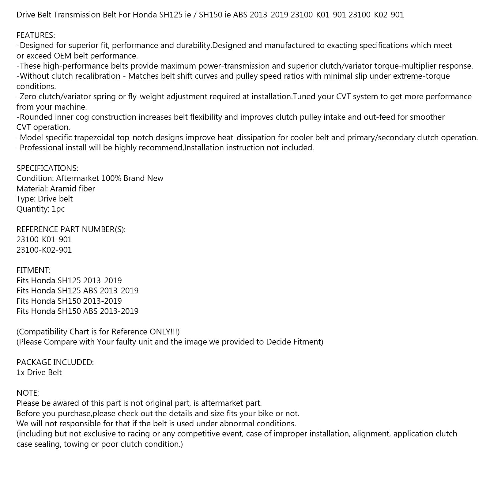 Honda SH 125 150 23100-K01-901 23100-K02-901에 맞는 구동 벨트 변속기