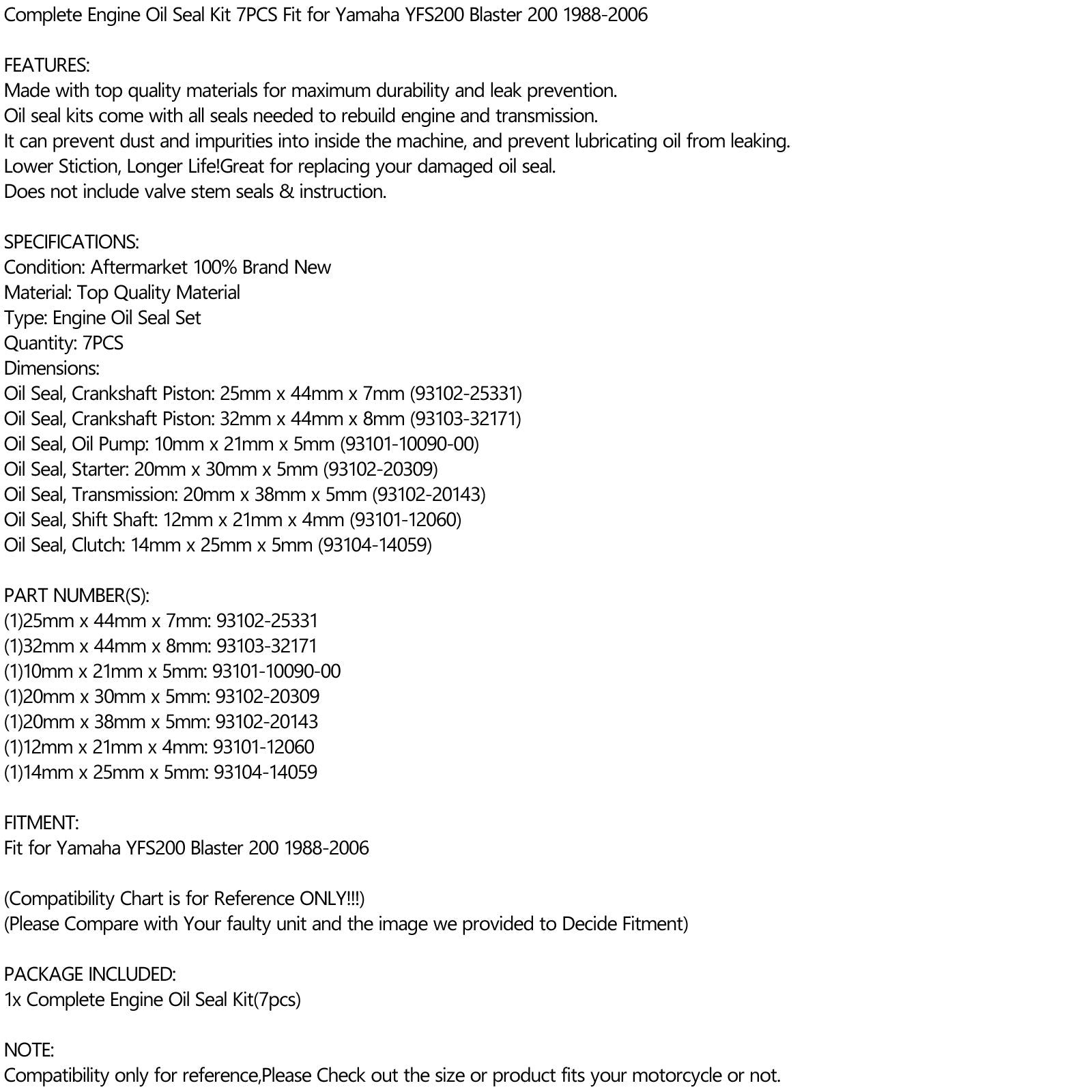 7Pcs Engine Oil Seal Kit Fit for Yamaha Blaster 200 YFS200 YFS 200 1988 - 2006 Generic