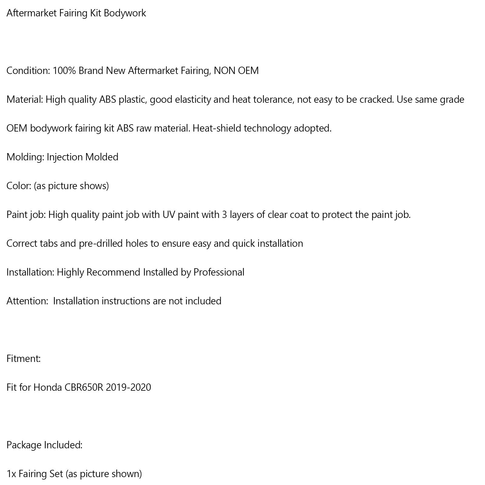 혼다 CBR650R 2019-2020 페어링 ABS 플라스틱 사출 성형